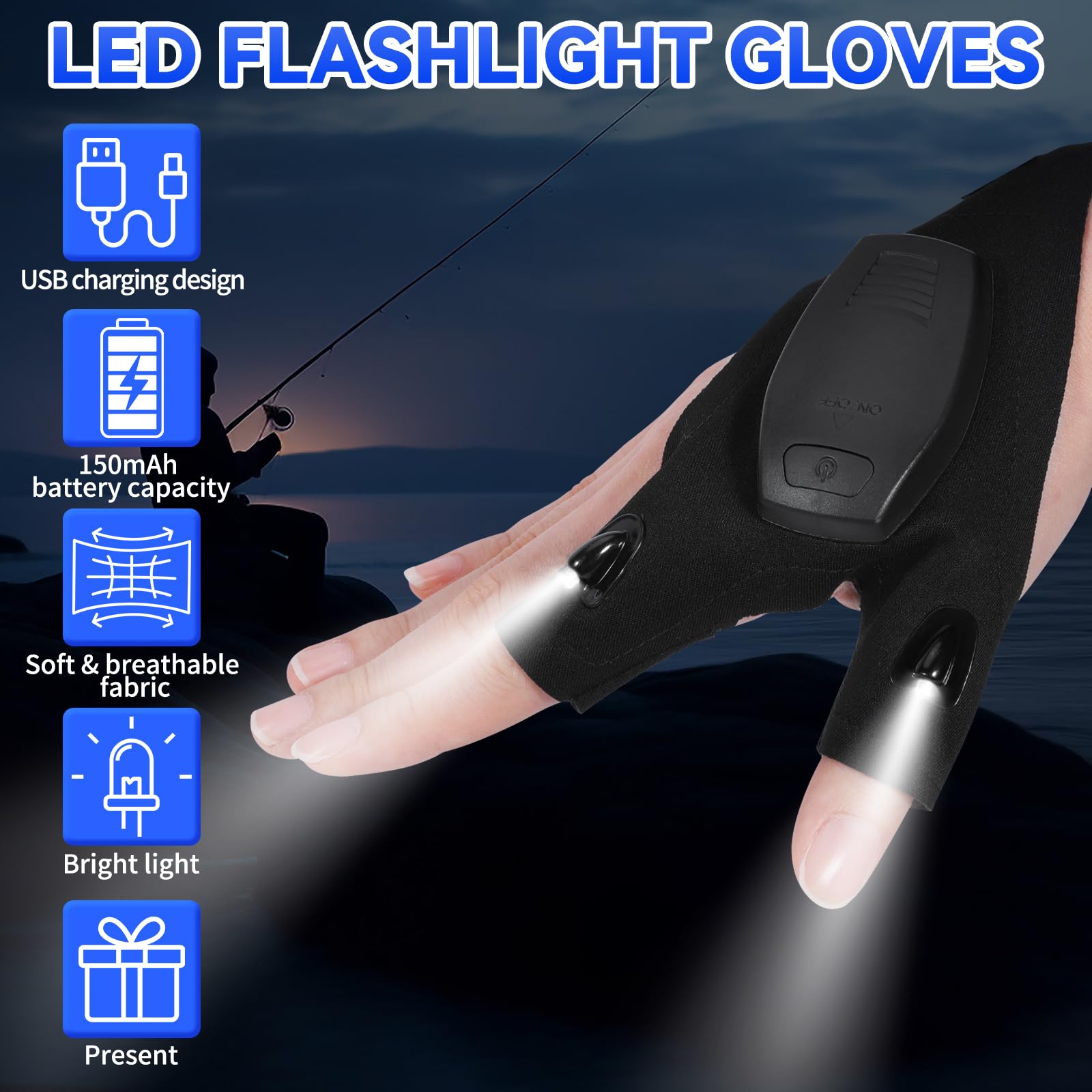 2X Gant Lumiere Mecanique, Gants de Pêche, Lumineux LED Adulte, Cadeau de Noël, Rechargeable Pêche Cadeau Pecheur pour Hommes, pour la Réparations et Le Travail