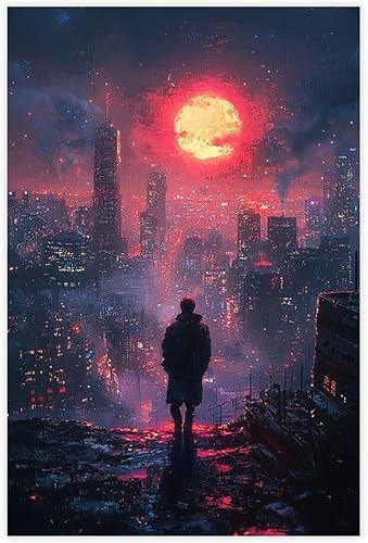 XAHOR Retro Pixel Art Wall Poster  Neon Cyberpunk Cityscape  Glitch Effect Digital Art Canvas Wall Art Print Poster For Home School Office Decor