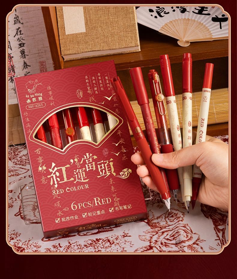 Image of 6 PCS Red Pen Set Lucky Red Colour Gel & Ball Pens Combo Comfortable Grip,Smooth Writing Fine Tip WITH Double side tip-Marker for School,Office,Journaling,Exam,Teachers, Students,Gift Set