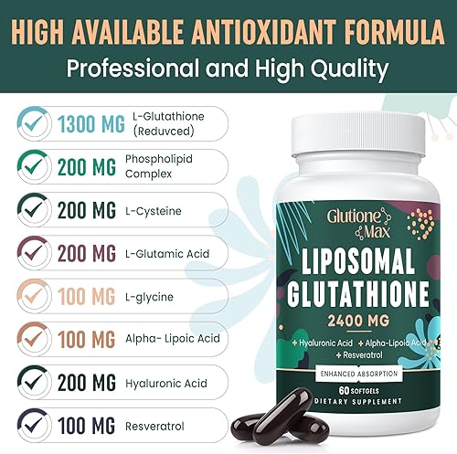 Miniatura 5 de Glutatión liposomal de 2400 mg  Absorción máxima  Suplemento de glutatión con ácido hialurónico, resveratrol, L  glutatión reducido, antioxidante