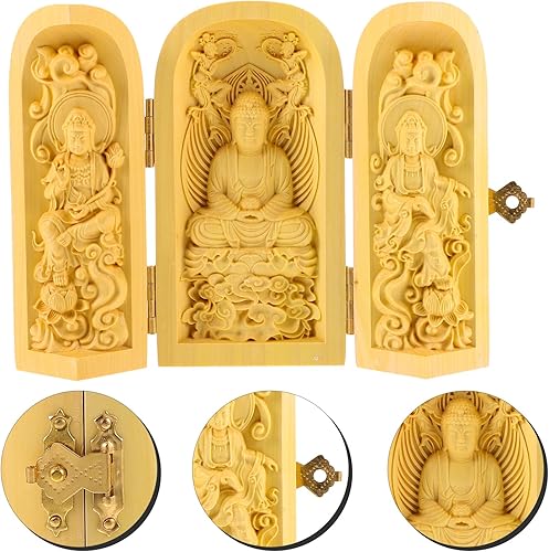 Miniatura 4 de Decoración para el hogar, estatua de Buda de madera tallada a mano, figura de Buda de madera natural, escultura budista religiosa, figura