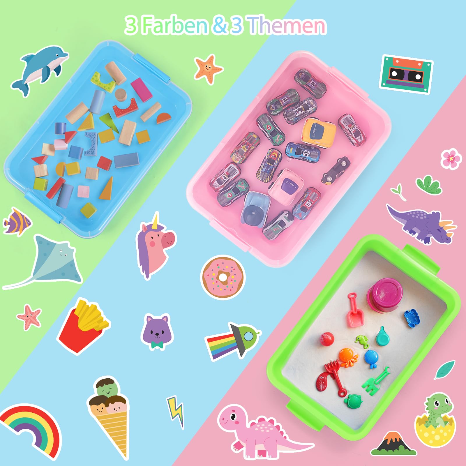 FIIOEOY 3 Stück Sandkasten mit Deckel & Aufklebern für Kinder, Sensorik Wanne Box Sandtablett Sensory Bin Kunststoff-Tablett Aufbewahrungsbox für Spielzeug, Sand und mehr (Blau, Grün, Rosa)