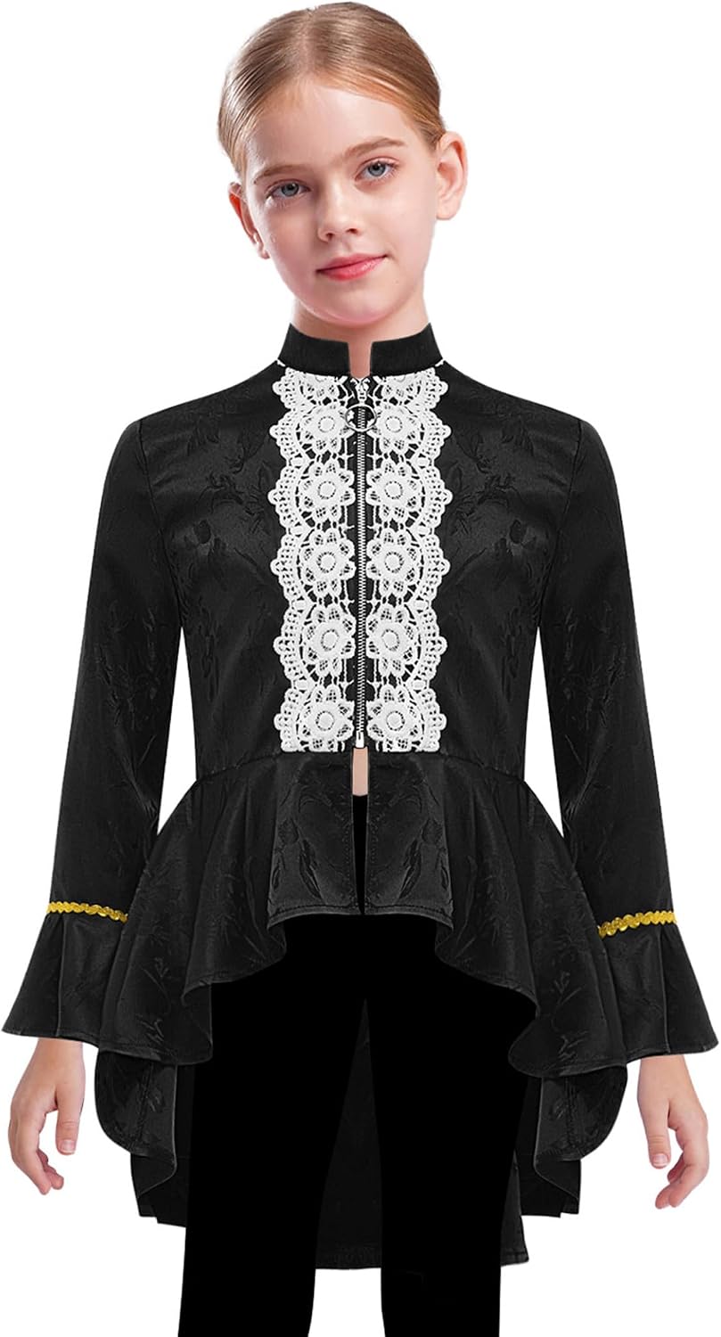 Kids Girls Long Sleeve Royal Tuxedo Lace Breast Velvet Top Jacket Victorian Medieval Gothic Jacket