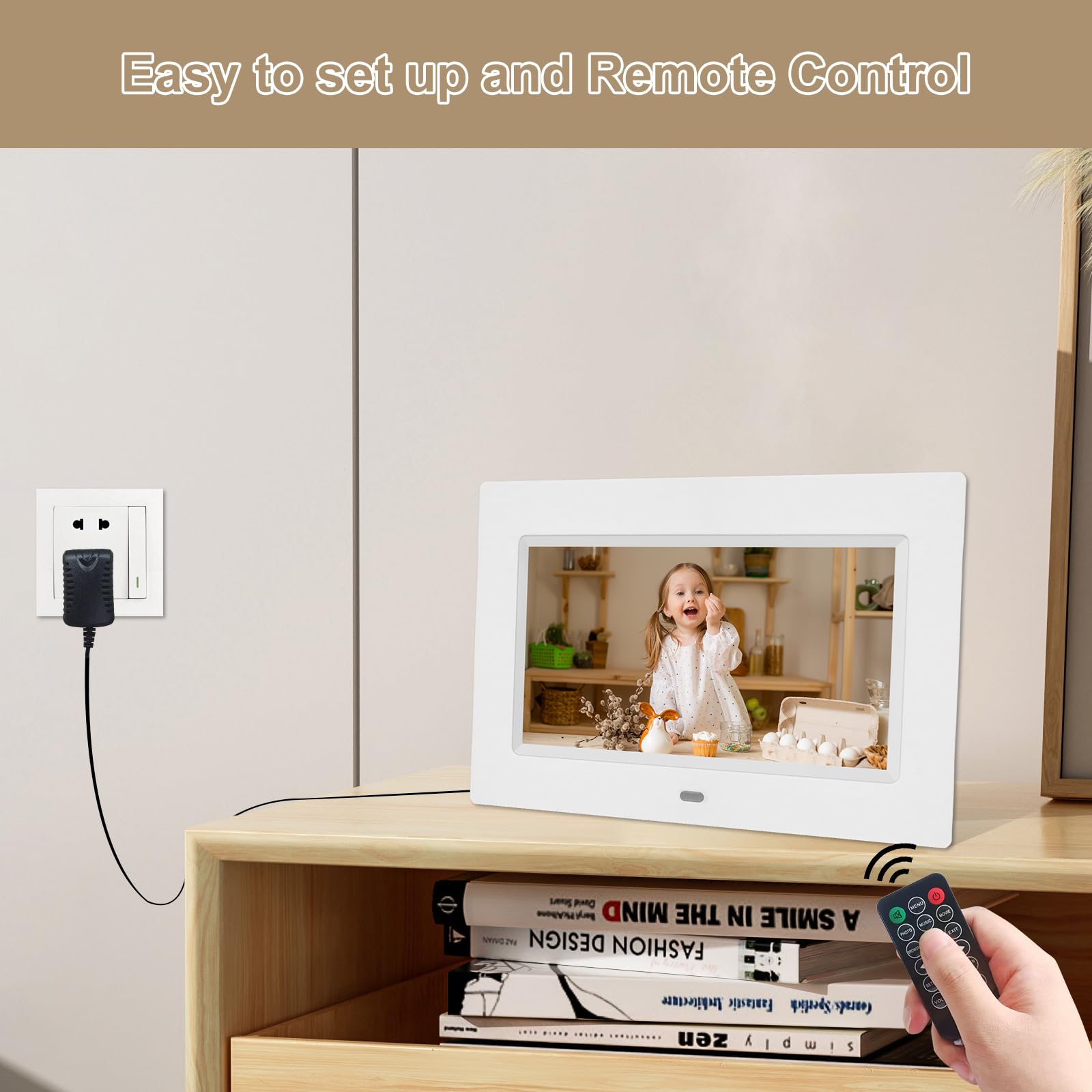 Cadre photo numérique 17,8 cm, cadre photo numérique 1024 x 600 Full IPS avec lecteur photo/musique/vidéo/calendrier/alarme, cadre photo électronique avec télécommande