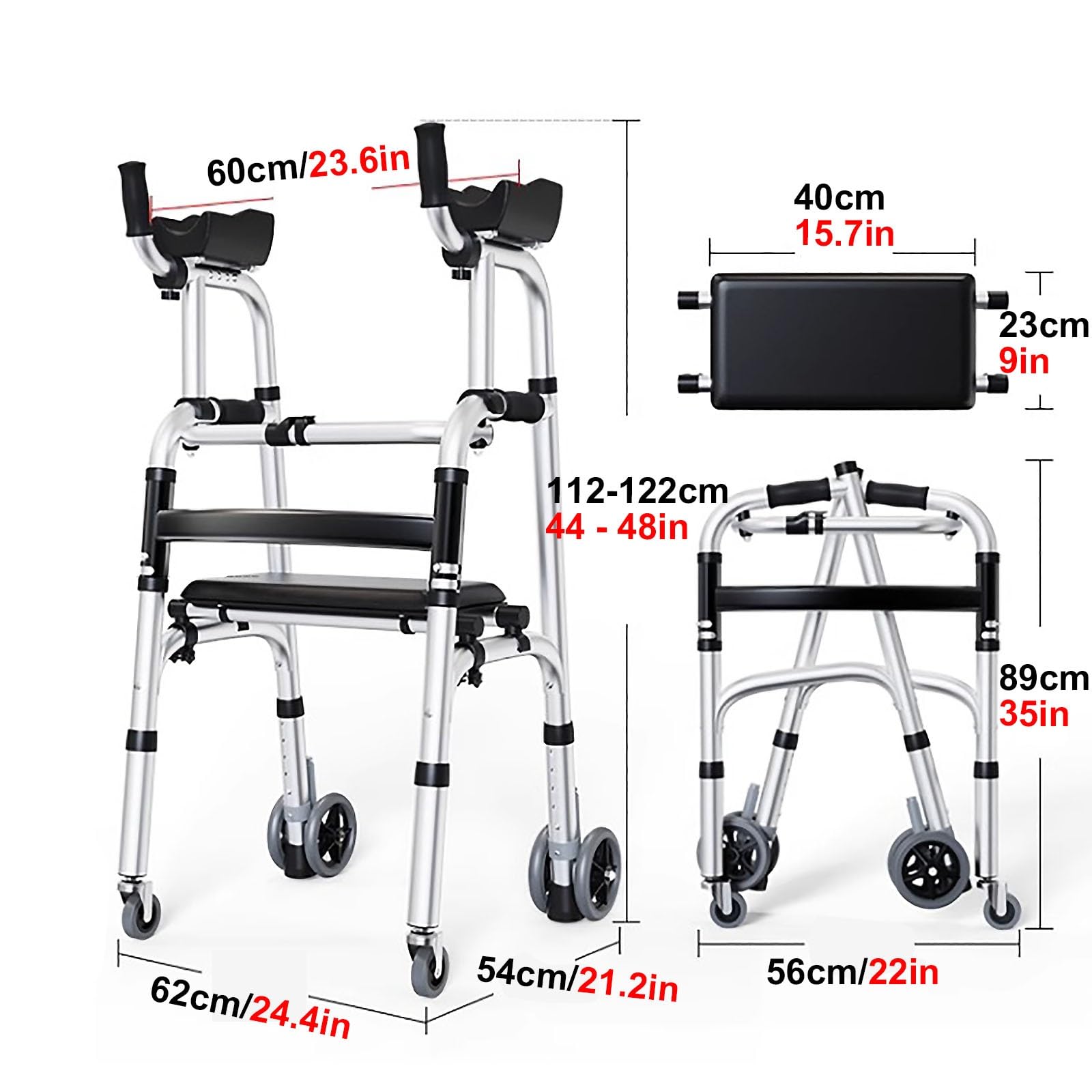 Andador de 4 Ruedas con Asiento y Frenos,Plegable,con Asiento y reposabrazos extraíbles,4 Ruedas,Altura Ajustable,Plegable,Apto for Personas Mayores y Personas con Movilidad Reducida