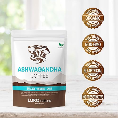 Miniatura 4 de Tiger Ashwagandha - Café instantáneo de hongos  30 porciones de mezcla de arábica con Reishi, Chaga y melena de león  Adaptógeno, vegano, soporte