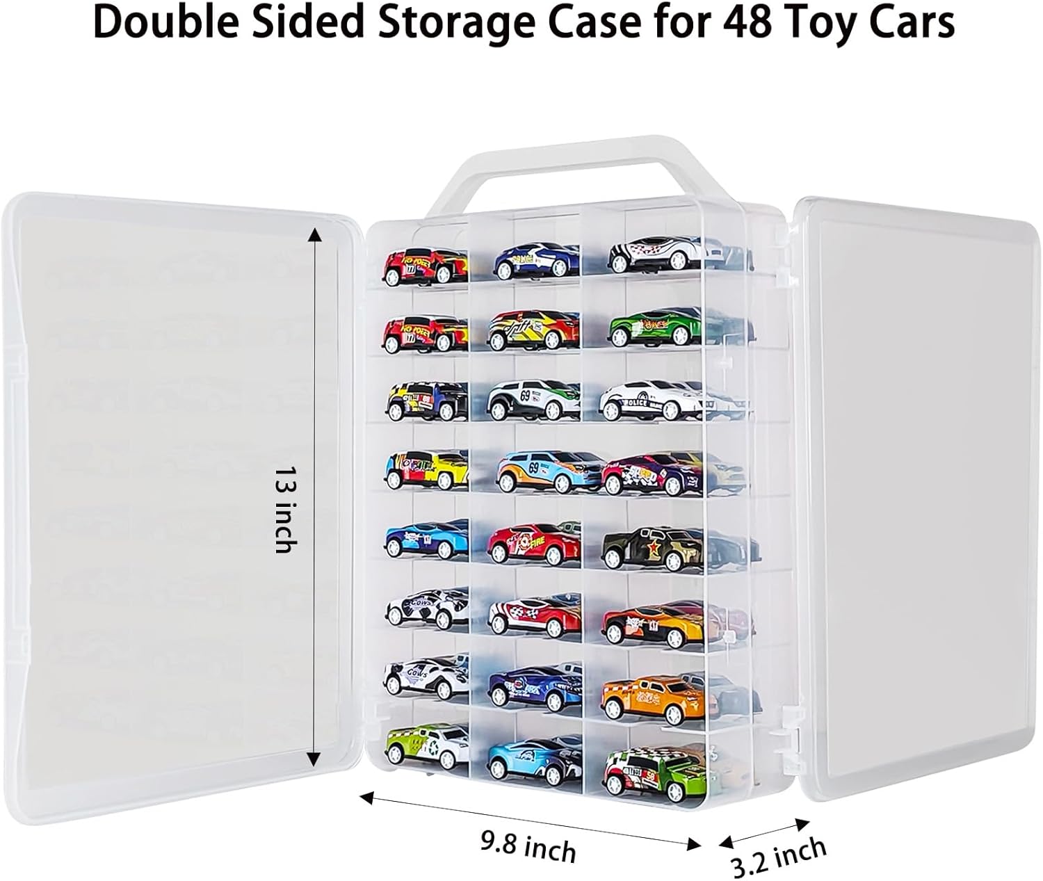 Portable Transparent Double Sided Storage Case - 48 Compartments for Toy Cars, Matchbox Cars, 1:64 Scale Model Cars, with Handle (Case Only)