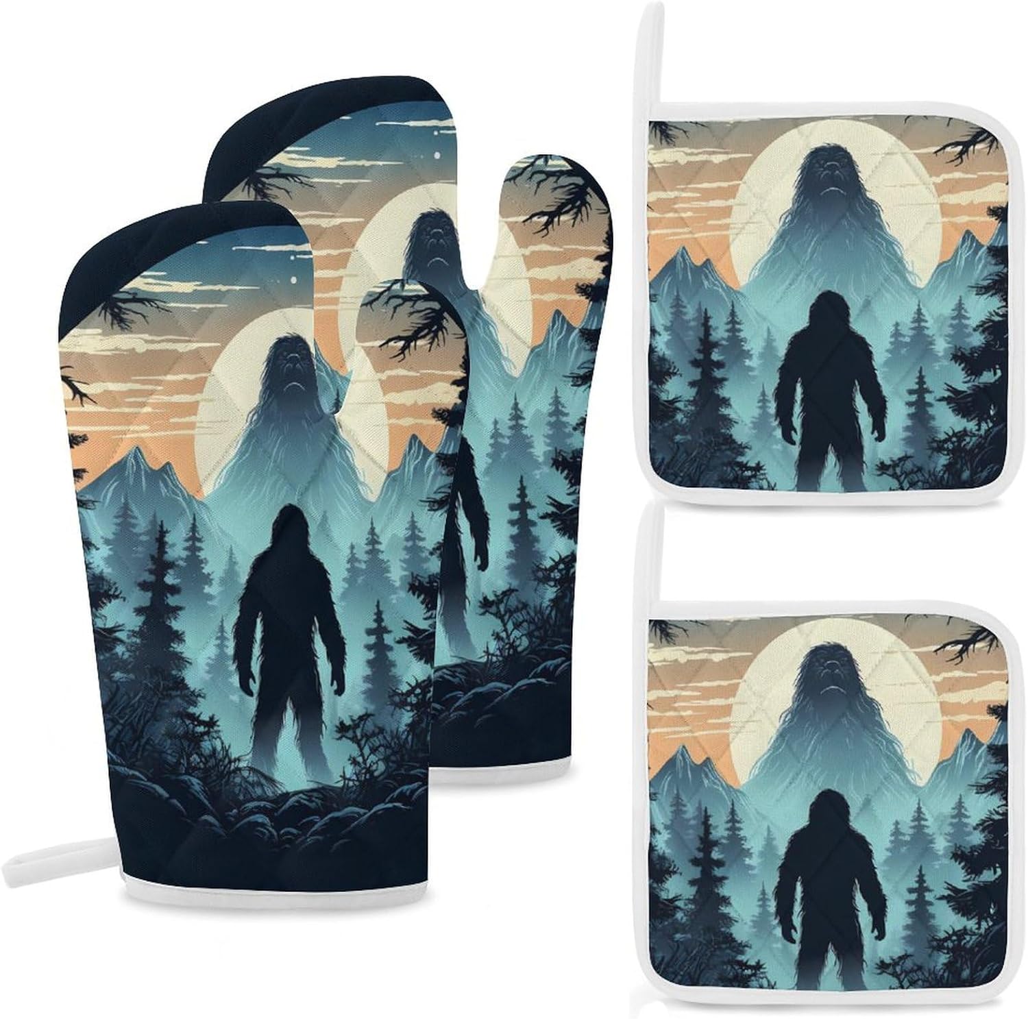 Sasquatch Bigfoot 4 Pcs Oven Mitts and Pot Holders Set High Heat Resistant Long Kitchen Oven Glove Potholders