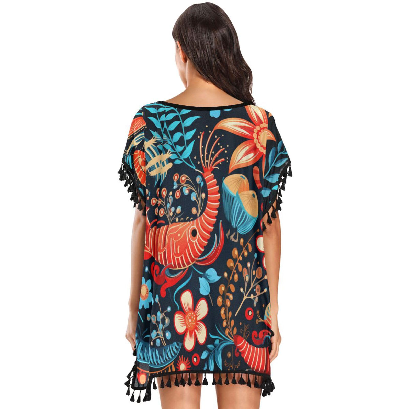 Lobster Abstract Flower Art Women's Beach Cover Up Chiffon Tassel Swimwear Swimsuit Coverups for Girl