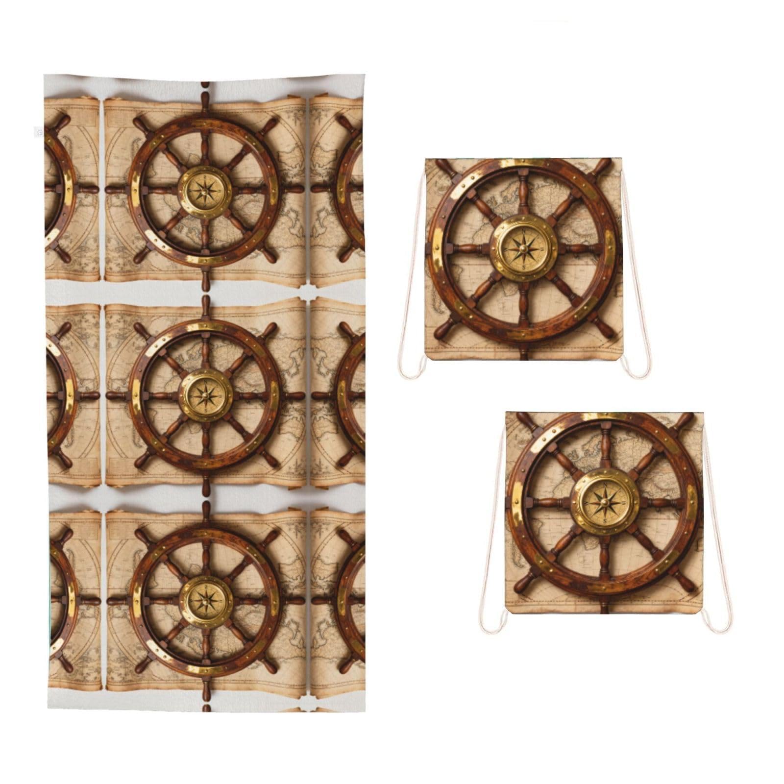 CNTDBU Ship Wheel Compass 2 in 1 Packable Towel Bag-Large Beach Towel with Stuff Sack, Super Absorbent Microfiber Travel Towel for Pool