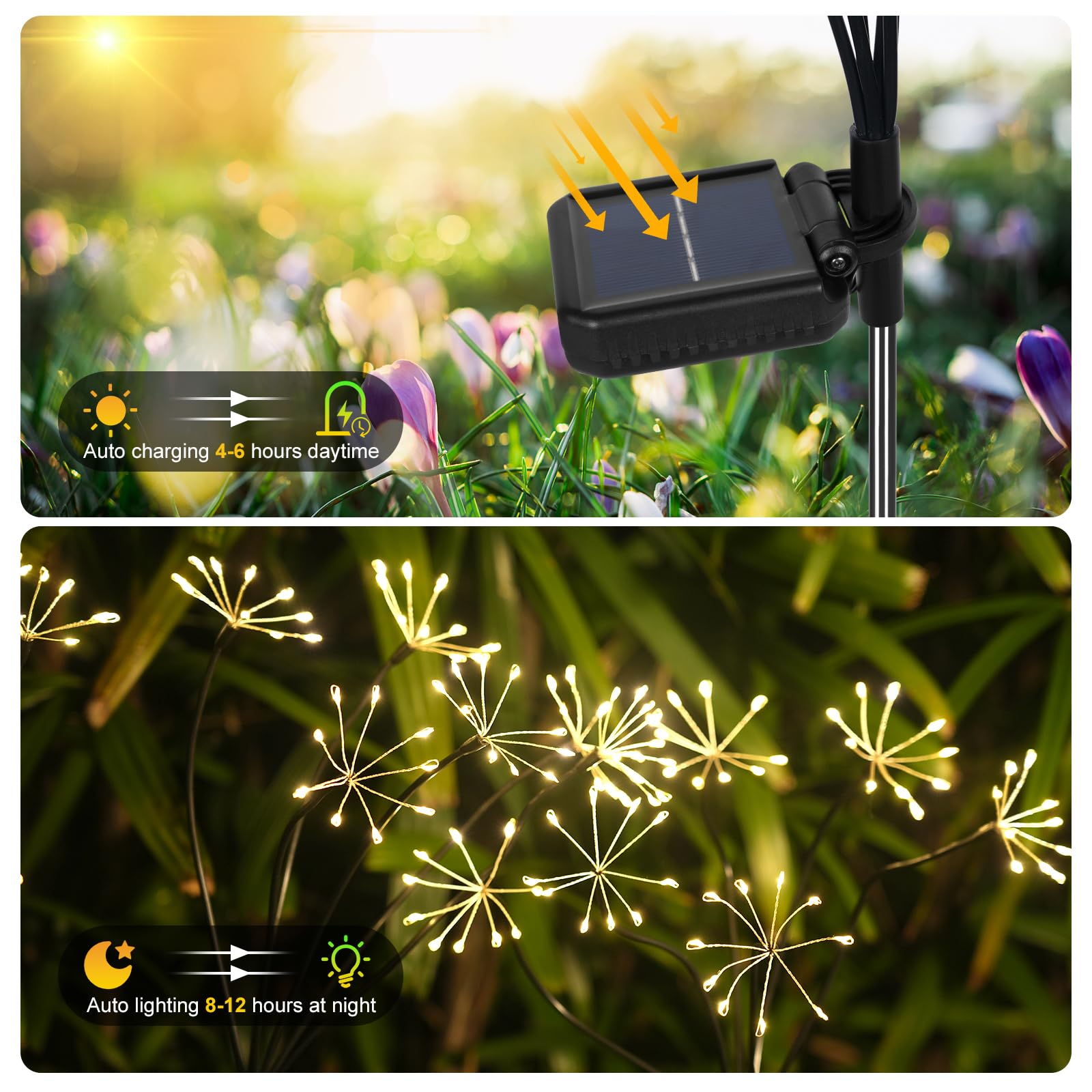 Solar-Gartenleuchten, 2 Stück, funkelnde Solar-Feuerwerk-Lichter mit 2 Modi, 120 LEDs, Solarleuchten für den Außenbereich, Hof, Weg, Gartendekoration, wasserdicht, Gartengeschenke für Frauen,