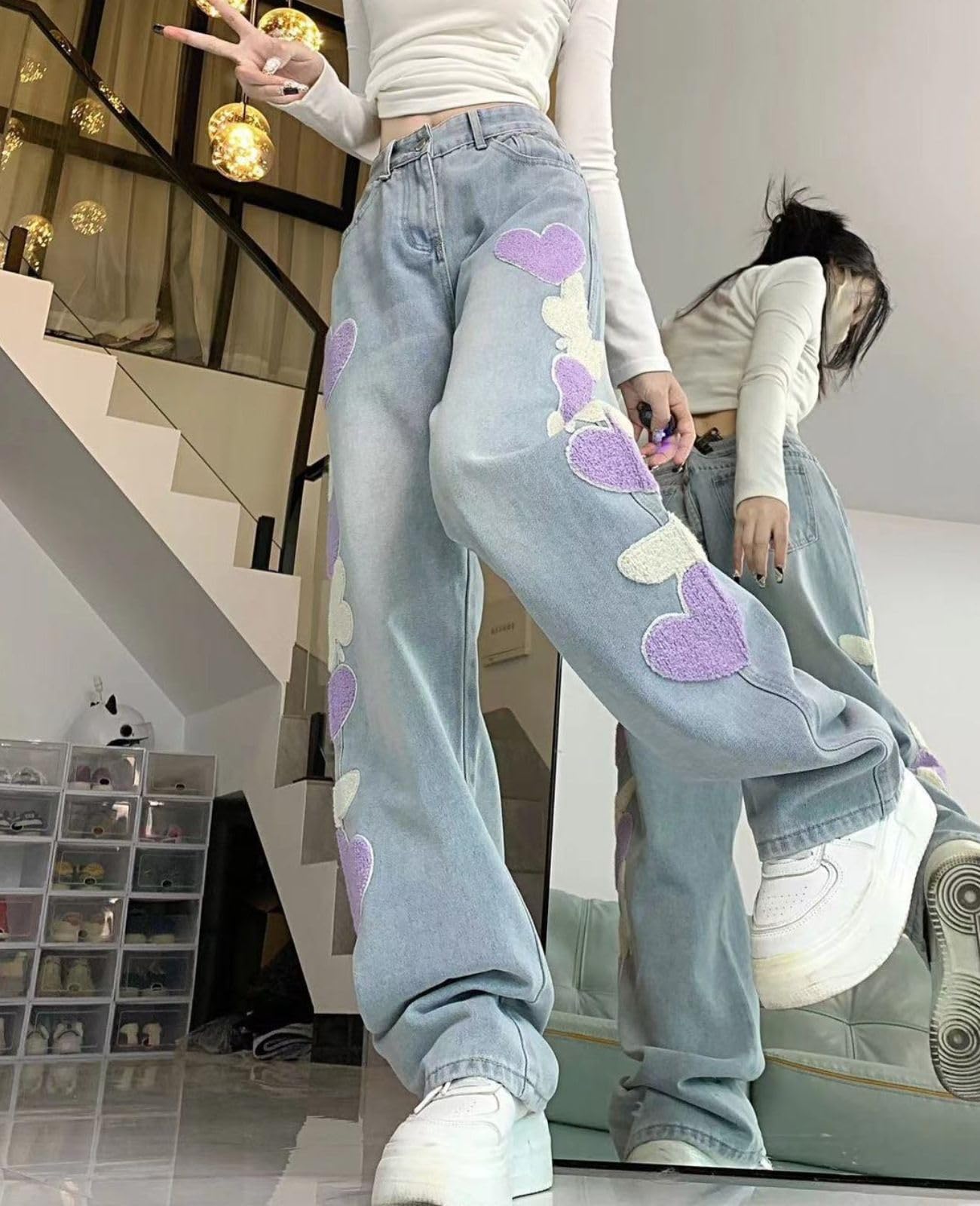 Cute Jeans for Women Girls Star Patchwork Pants High Waisted Straight Leg Jean Casual Preppy Clothes: X-Large Blue3