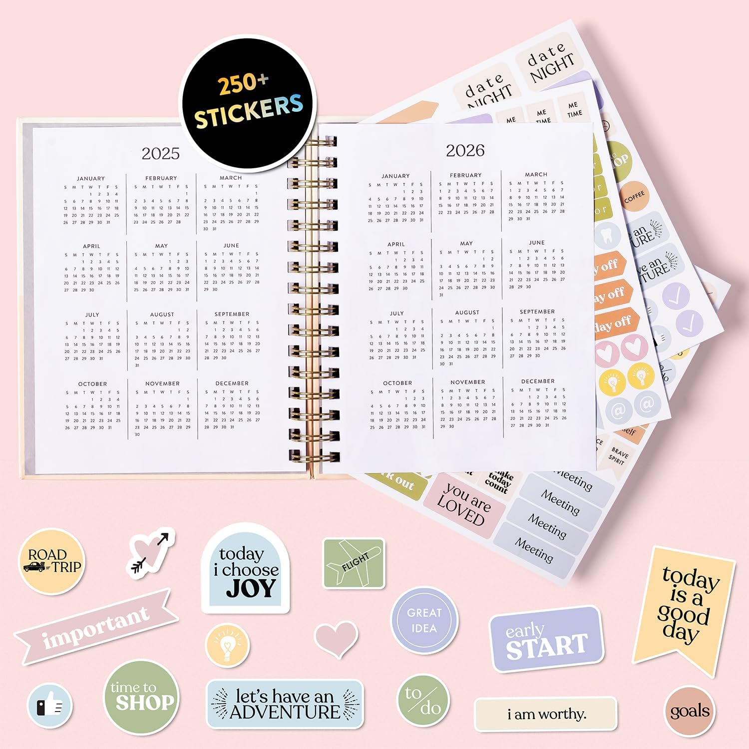 2025-2026 Eccolo Spiral Agenda Planner, Blue Gold Lines, Weekly & Monthly Pages, 18 Months, Sticker Sheets, Inspirational Quotes (7.75 x 8.75, July 2025 - Dec 2026)