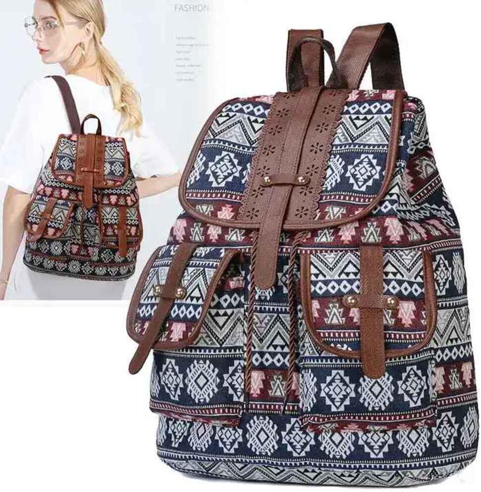 Hippie Canvas Women Backpack Purse- Boho Style Ethnic Drawstring Causal Double Shoulder Vintage Travel Daypack (Blue), Large