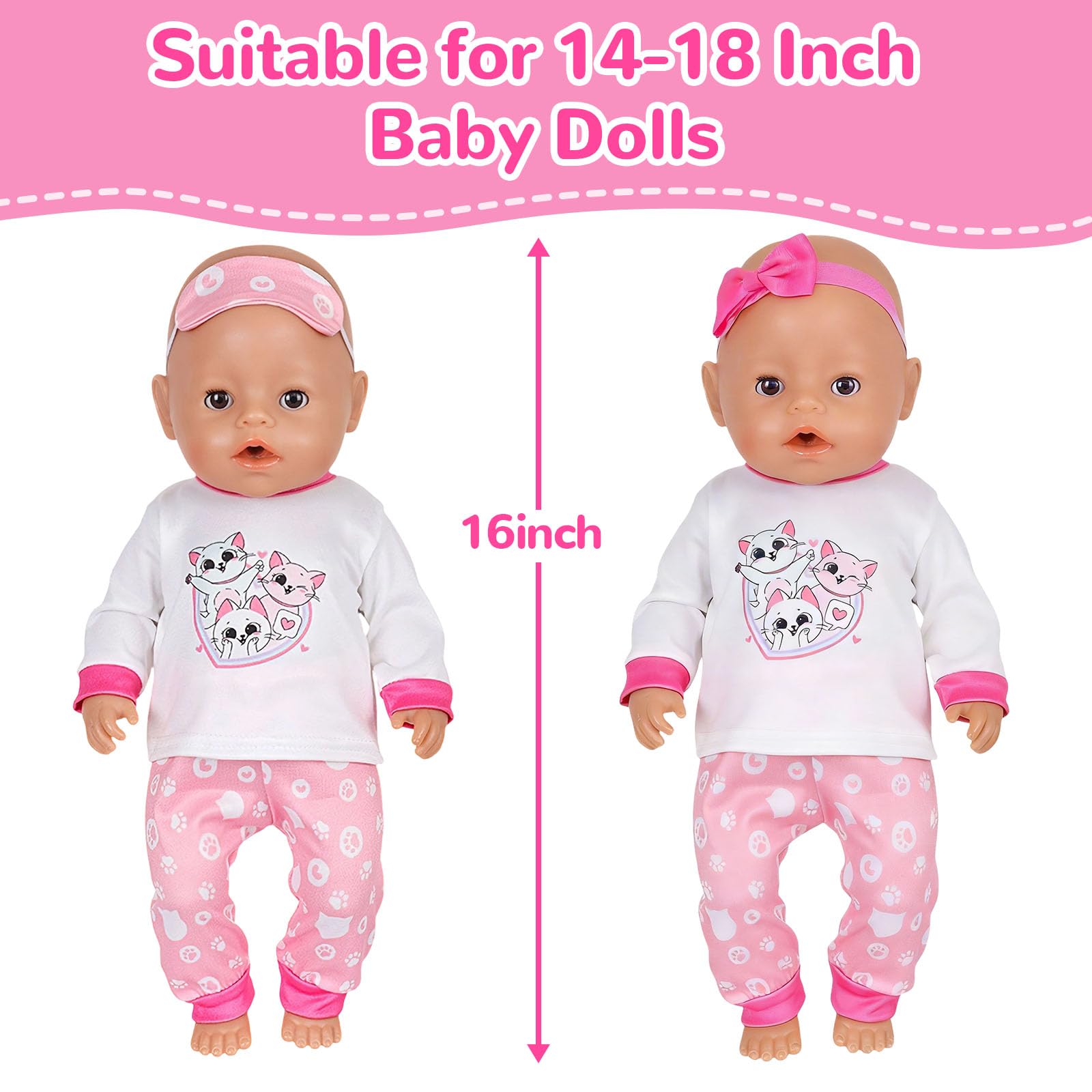 WanderGo Doll Clothes 35-43 cm, 7 Piece Dolls Clothes Eye Mask, Long-Sleeved Top, Long Pants, Pink Shoes, Cat Accessories - Image 3