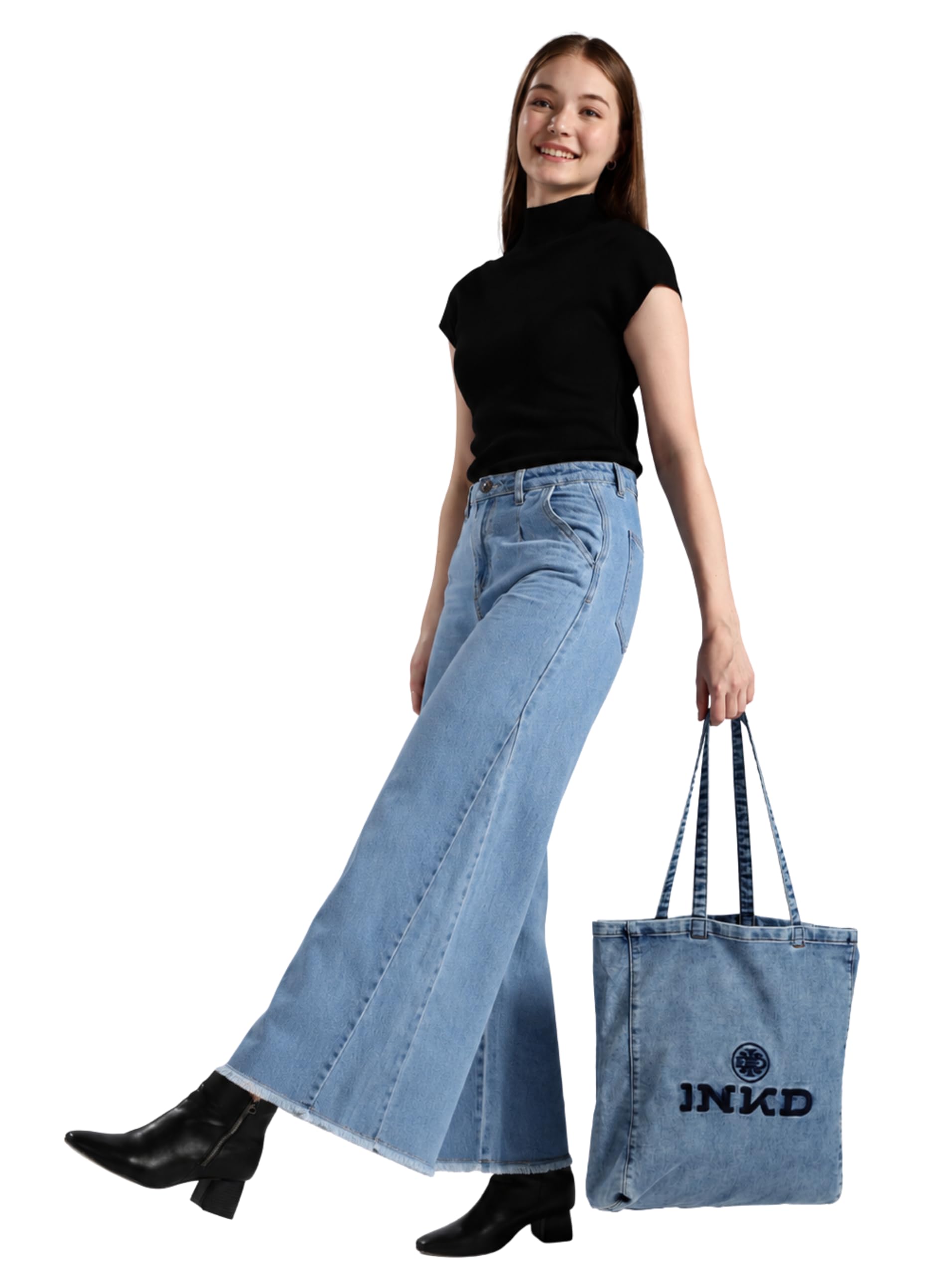Indo Era Womenâ€™s Flared Fit Jeans | High-Rise Cotton | Pleated Jean's | Side Cut and Sew Panel Details | Diagonal Side Pockets | Frayed Hem | Full Length Flare Leg Jeans for Woman in neutral