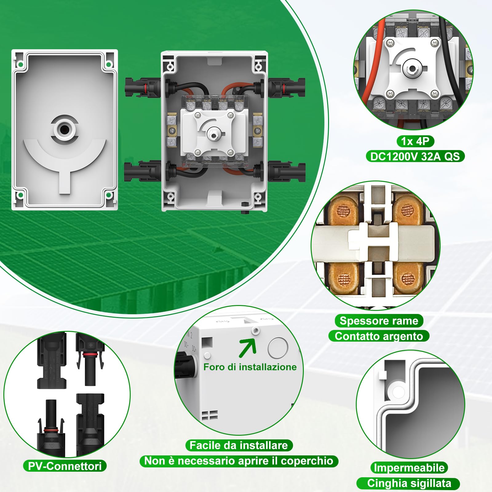 Sezionatore solare 32 Amp DC1200V 2 ingressi 2 uscite Interruttore di Separazione con involucro impermeabile IP66 per sistemi solari su tetto, camper e barche