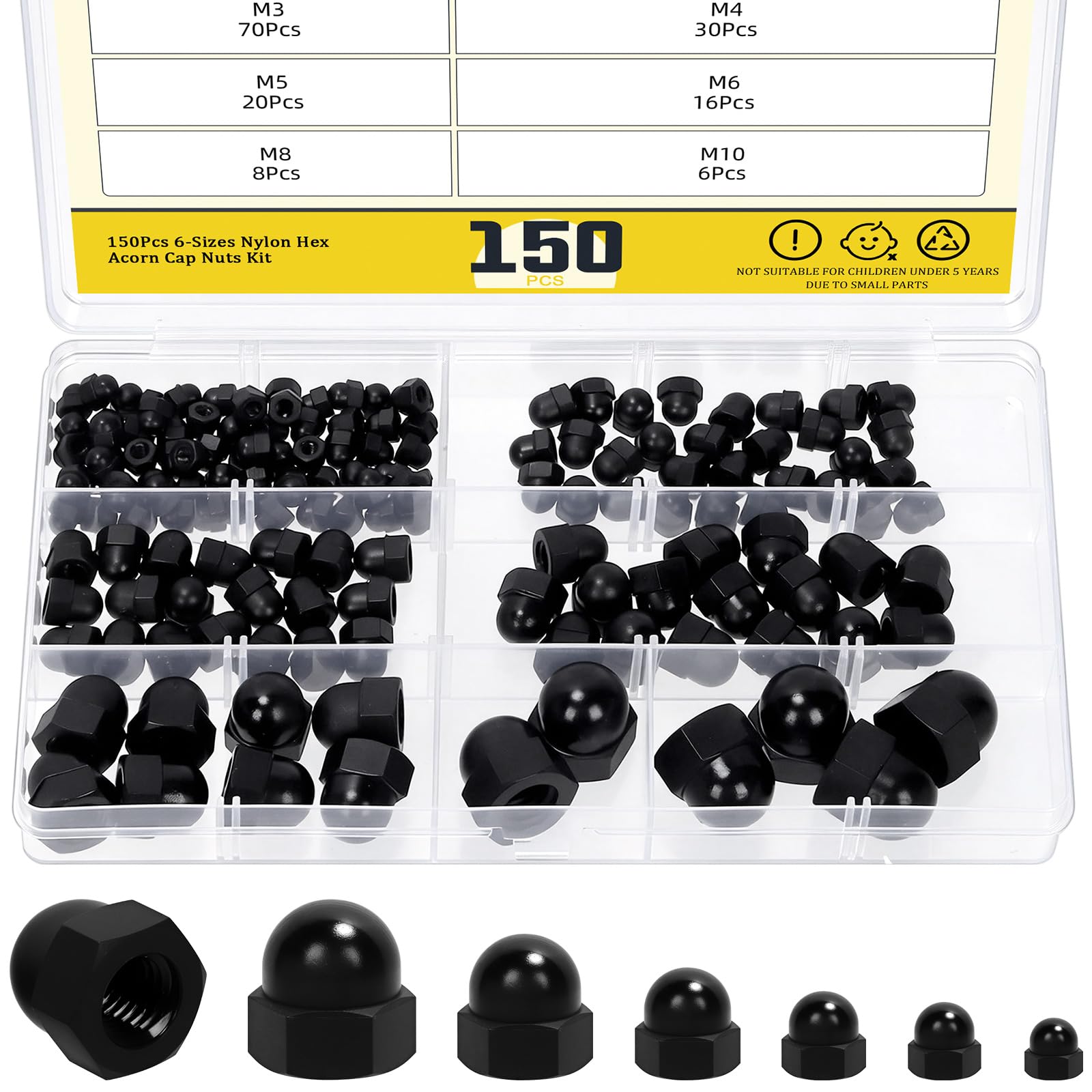 Mardatt 150Pcs M3 M4 M5 M6 M8 M10 Nylon Acorn Nuts, Metric Hex Acorn Cap Nuts Assortment Kit, Dome Head for Indoor & Outdoor Use, Black