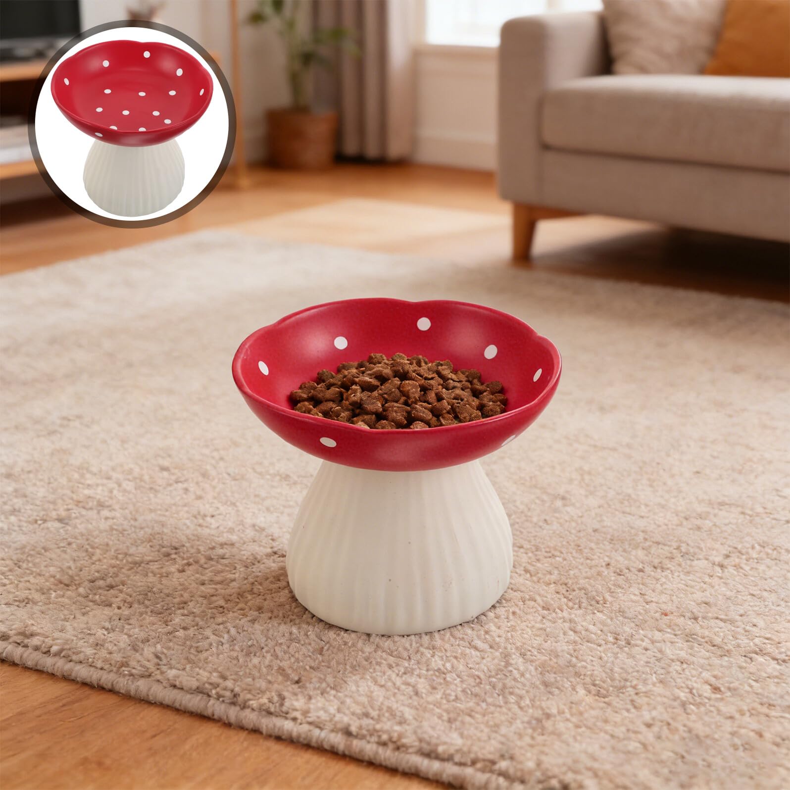 Ciotola Rialzata in Ceramica per Gatti e Cuccioli Base Antiscivolo, Design Ergonomico Contro Affaticamento Baffi, Piatto Alimentazione per Animali Domestici Rosso a Forma di Fungo