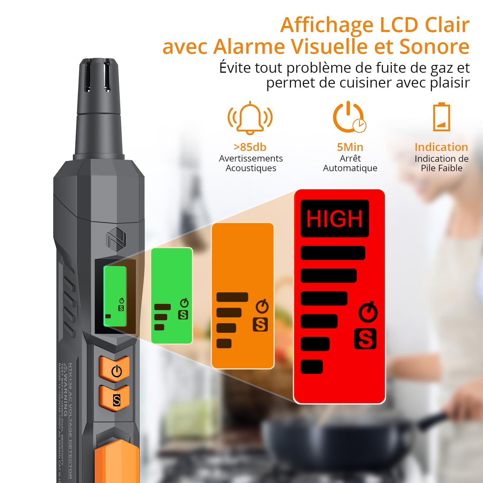 Neoteck Détecteur de Fuites de Gaz Naturel avec Alarme Sonore Visuelle Analyseur de Combustion Portable Localiser Les Fuites de Monoxyde Carbone Méthane CO2 pour Camping Car Maison - Gris