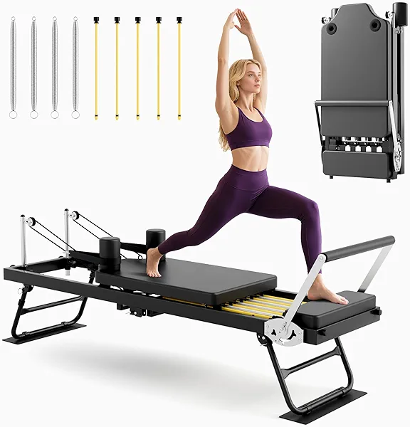Buytime Pilates Reformer, Foldable Reformer Pilates Machine with Dual Resistance - Springs and Cord, Pilates Machine for Advanced and Beginners Users, Up to 300 lbs Weight Capacity, Black