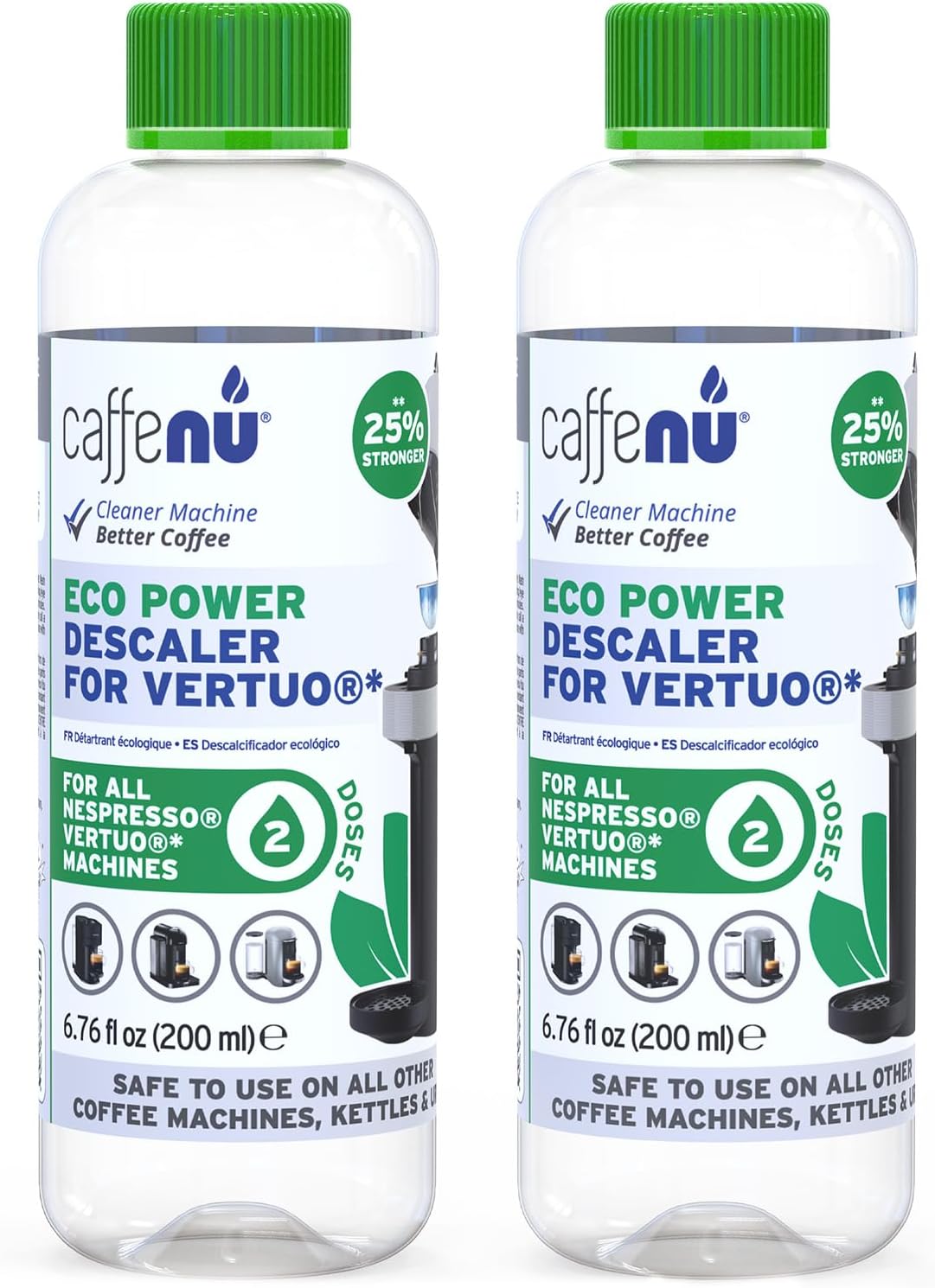 Nespresso Compatible Descaling Kit. 2 Bottles of Vertuo Descaler Solution. Removes Limescale For Hotter Coffee. 4 Uses Descaler For Nespresso Vertuo Coffee Machines.