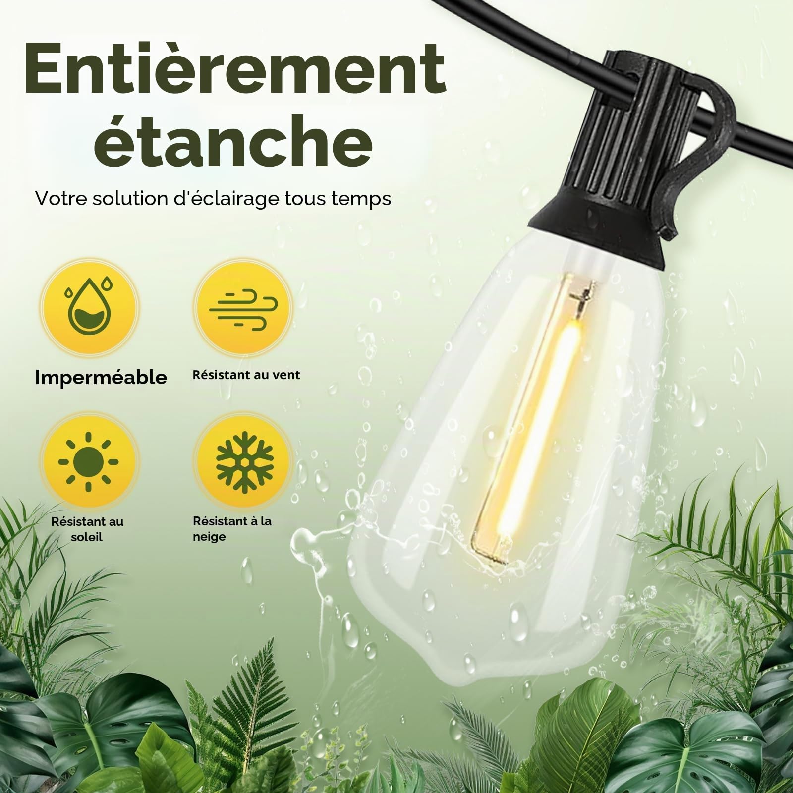 Guirlande Lumineuse Extérieure ST38 LED 45m 150ft, 75 LED + 2 Ampoules de Rechange, IP44 Étanche Dimmable, Blanc Chaud 2200K, Grande Décoration Jardin Parc Événements Professionnels
