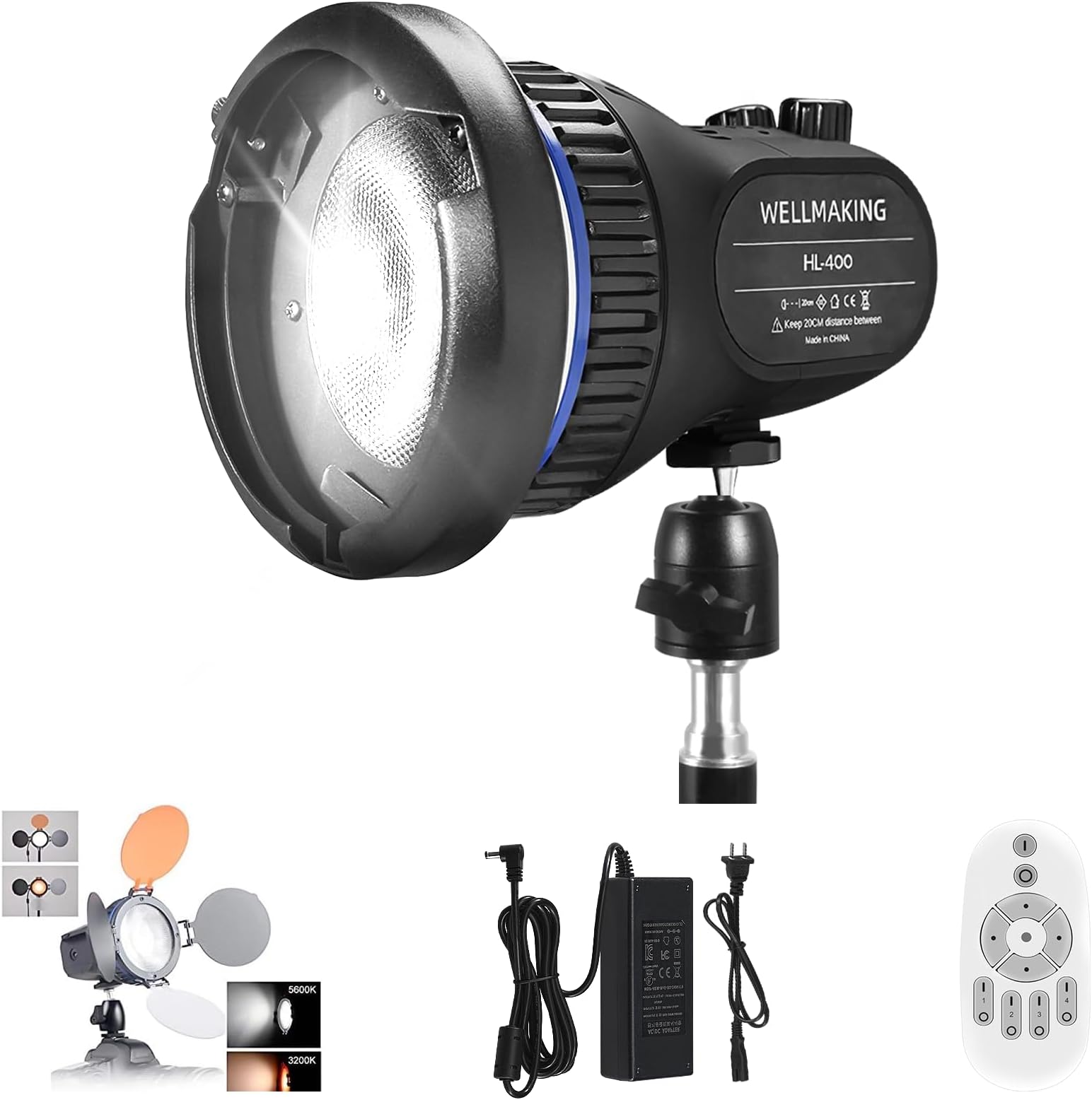 WellMaking 40w AC/DC 5600K Daylight Balanced CRI97+ LCD Screen Portable Continuous Light, Fresnel Lens, Barndoors, Bowens Mount, Dimmable and Quiet for Video Recording,Wedding,Outdoor Shooting