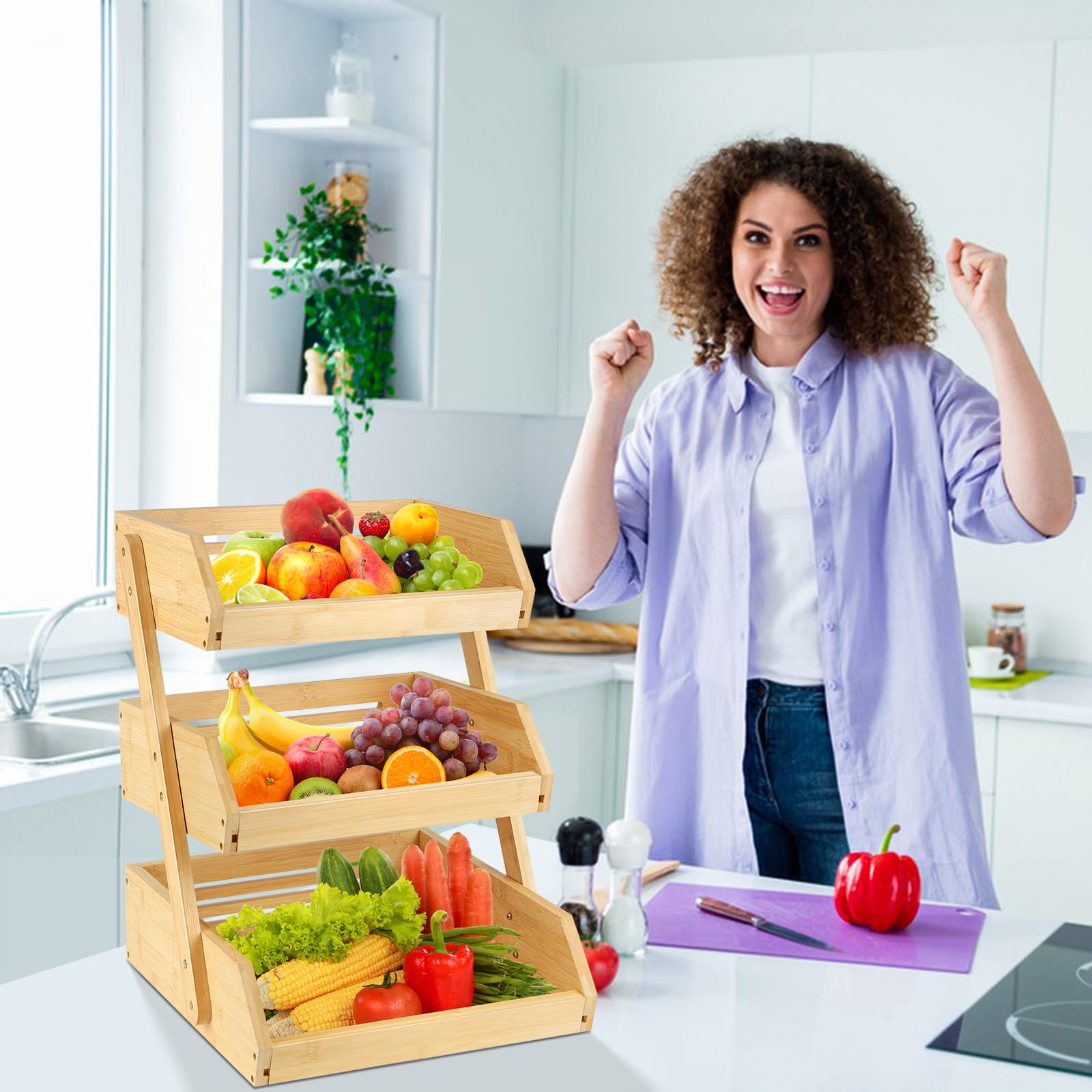 HUOLE Support de Corbeille à Fruits en Bambou 3 Niveaux Support pour Le Rangement des légumes, du Pain dans la Cuisine, 30*33*41cm (3 couches)