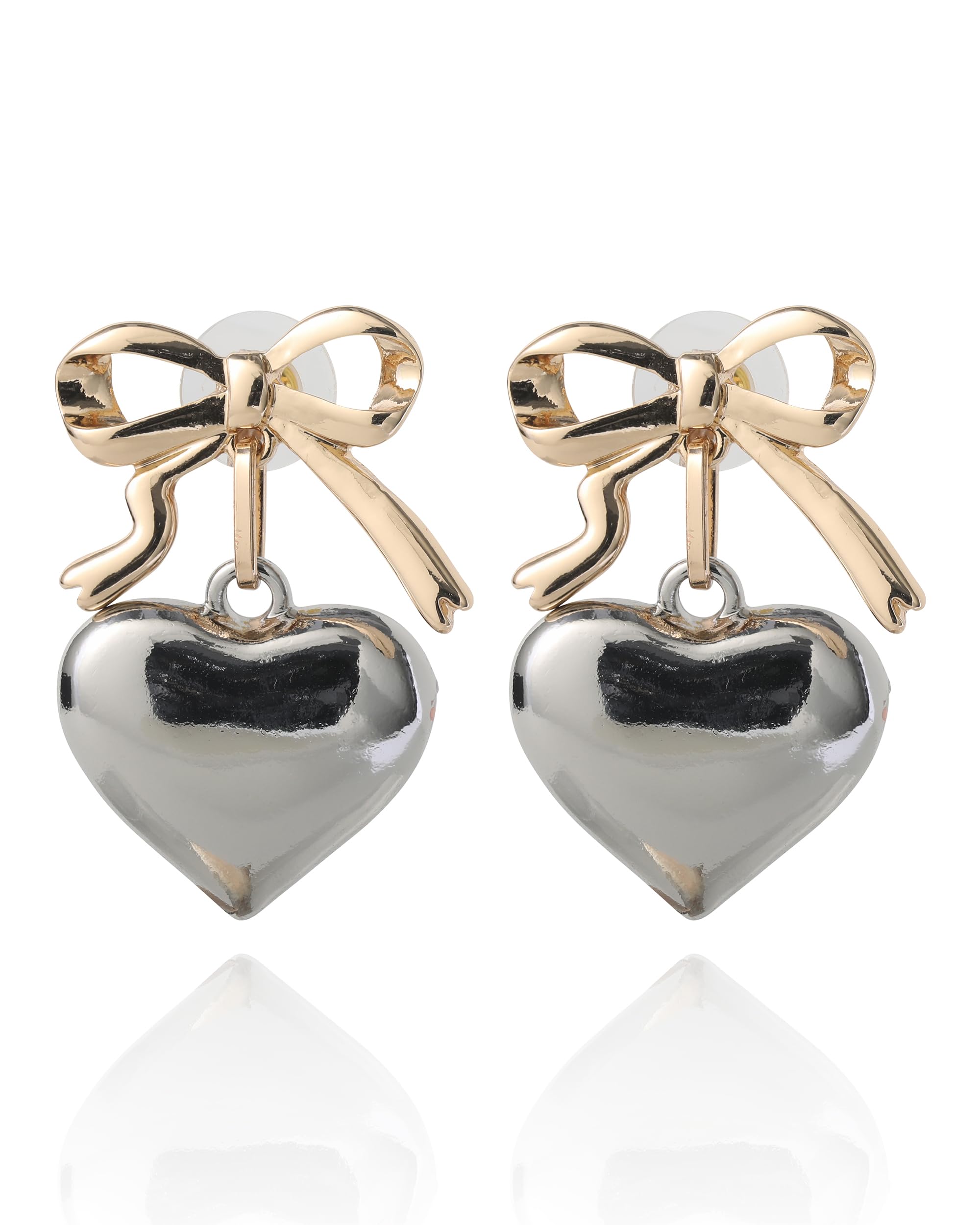 BCBGeneration Silver and Gold-Tone Bow Stud and Heart Mother's Day Earrings for Women, Two-Tone Heart Earrings