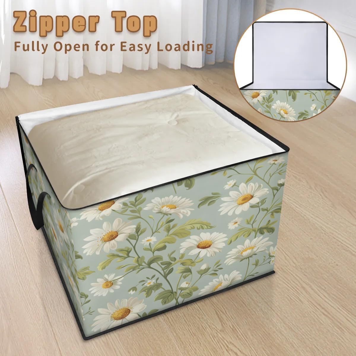 Honeybaby 214L Extra Large Comforter Storage Bag Daisy Green Leaves Storage Totes with Lids Waterproof Closet Organizer Folding Blanket Storage Bags for Clothes Bedding Pillows