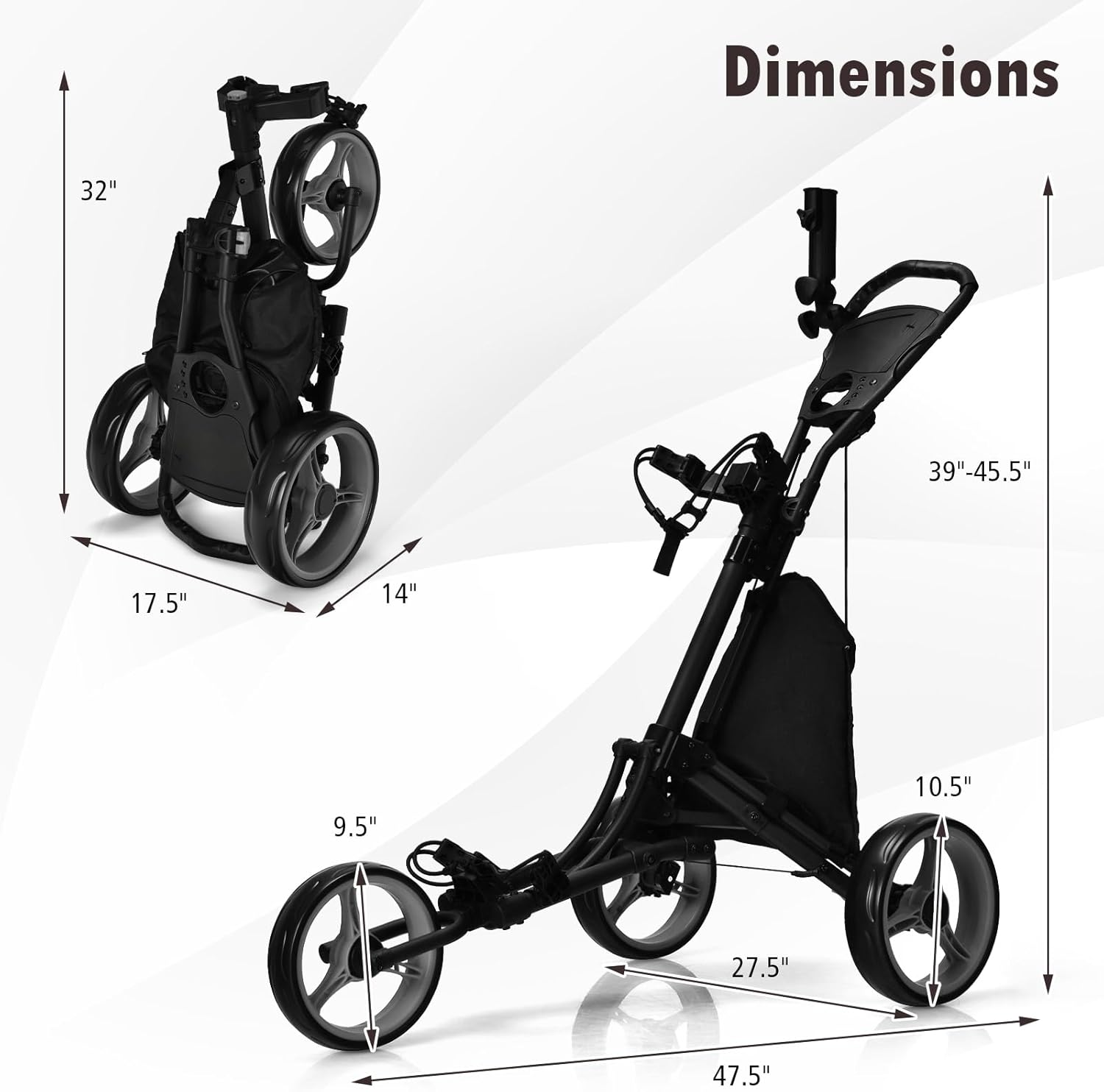 ULTIMATE 3 Wheel Golf Push Cart, Aluminum Folding Golf Walking Push Cart w/Elastic Strap, Umbrella & Cup Holder, Scoreboard Storage, Insulated Storage Bag, Adjustable Handle & Foot Brake
