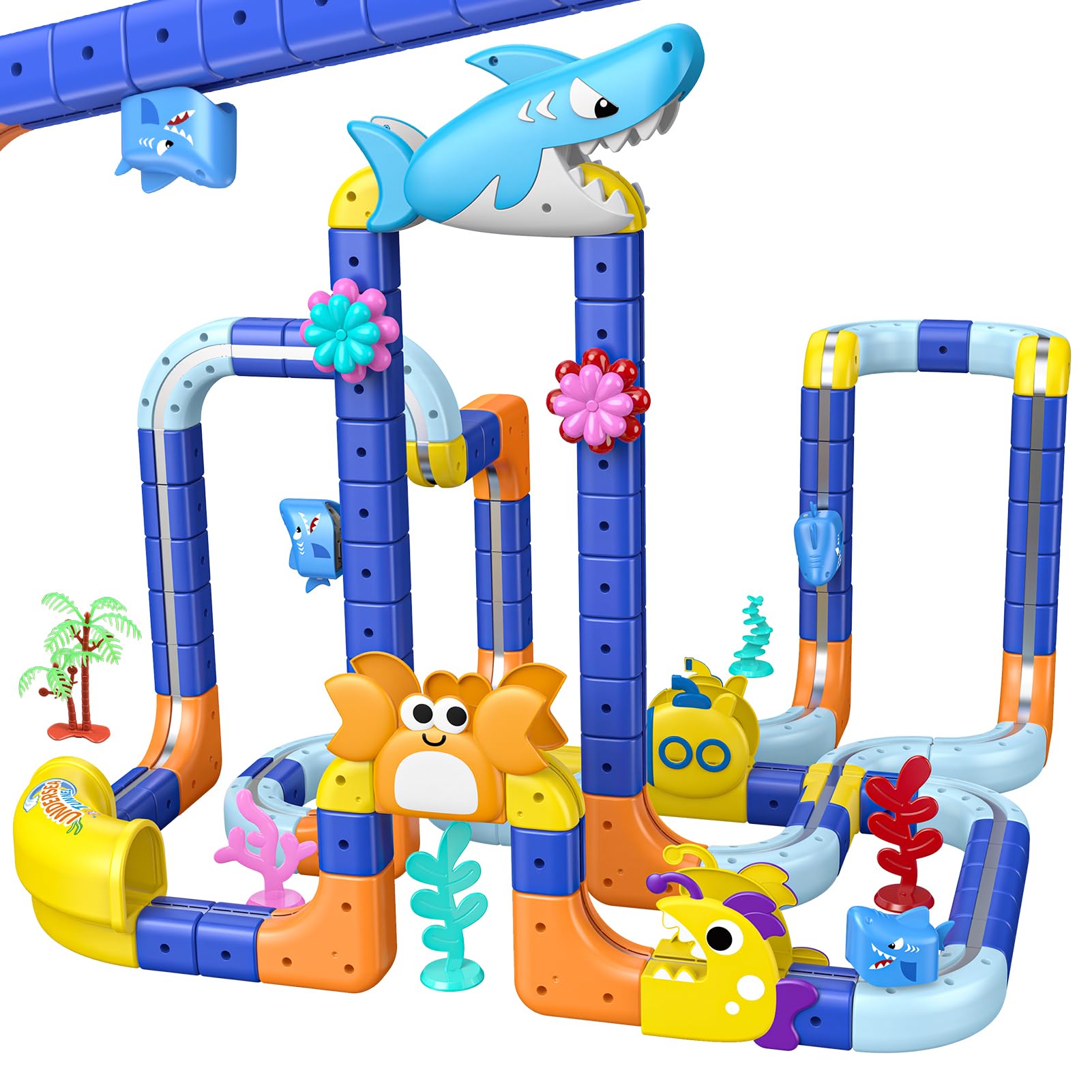 EUCOCO Spielzeug ab 3 4 5 6 7 8 Jahre Junge, Clickrail Electric Train Set 117 PCS Ozean-Thema Cubix 3D Zug Flexible Geschenk Junge Mädchen 3-8 Jahre Cube Track Magnetische Bahn