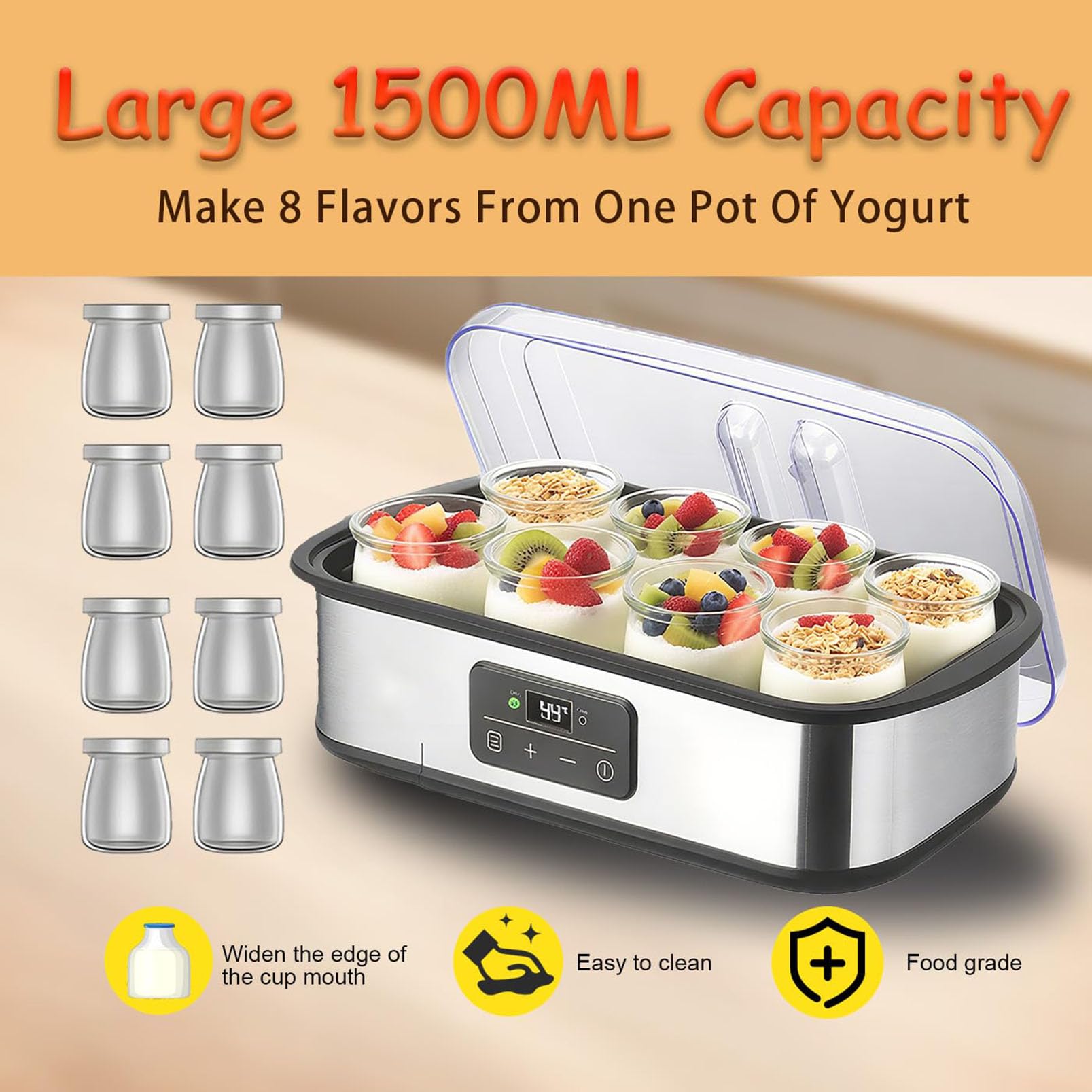 Yogurtiera Automatica, Yogurtiera da 1500 Ml con 8 Vasetti da 180 Ml, | Controllo Regolabile della Temperatura e del Tempo, per Yogurt, Fermentazione del Natto e Produzione di Vino di Riso(8 units)