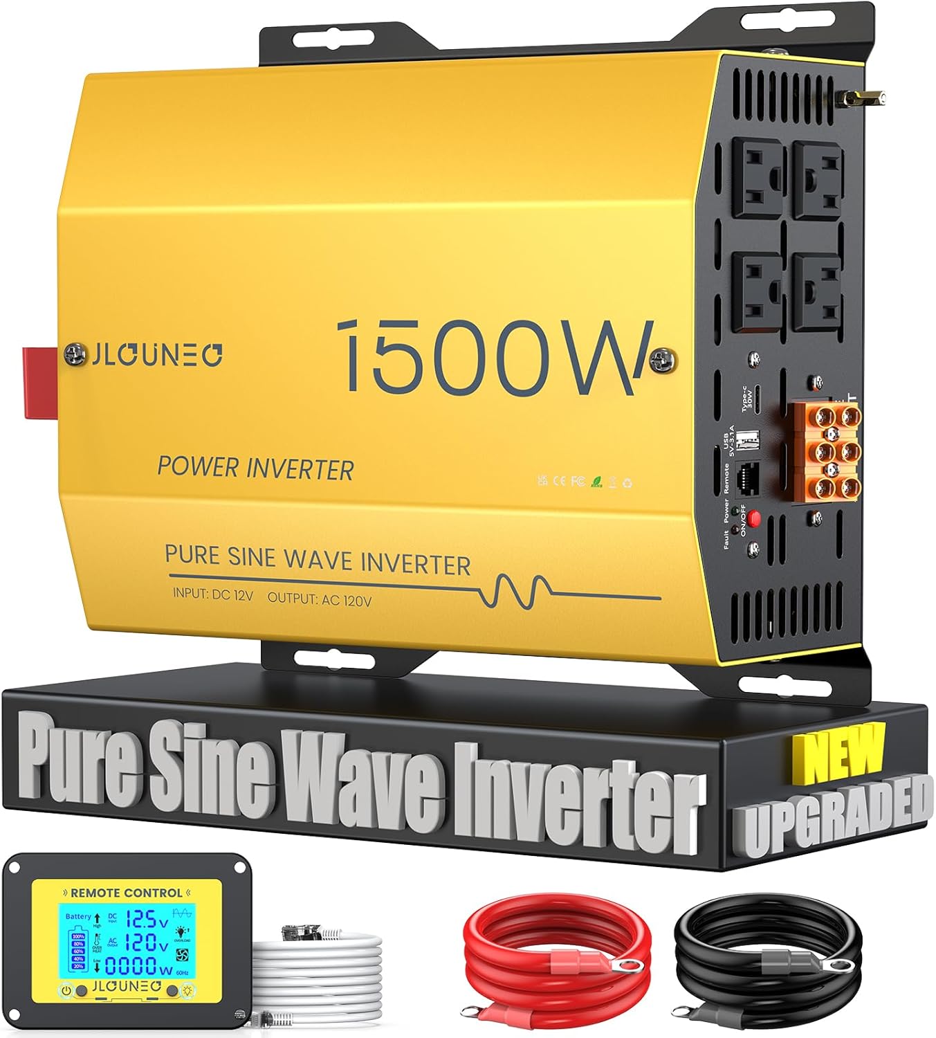 1500W Pure Sine Wave Inverter – 12V DC to 120V AC Converter for House, RV, Truck, Off-Grid Photo voltaic Energy Inverter Constructed-in 3.1A USB, Sort-C Port, AC Hardwire Output Port, Distant Management with LCD Display