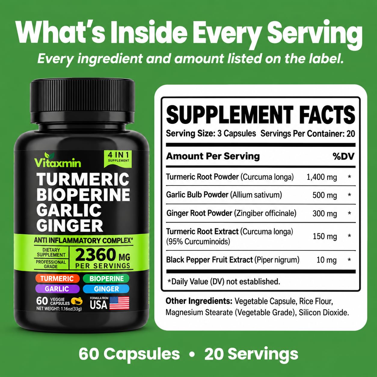 Turmeric Curcumin Supplement with BioPerine & Garlic - 2360mg Turmeric Ginger Root Capsules for Joint Support, Immune Health & Daily Wellness - 60 Caps — Amazon image 4