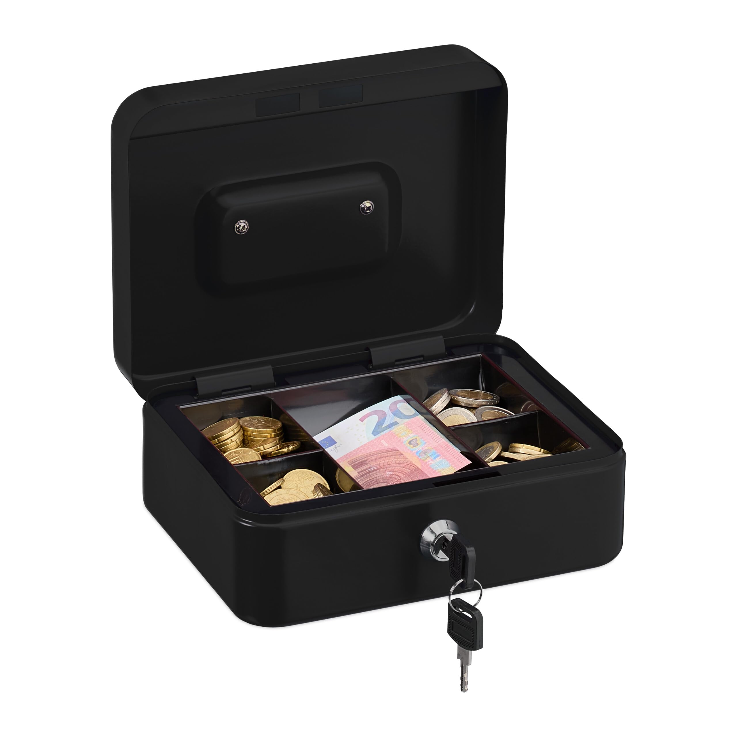 Relaxdays Cash box lockable, removable insert, 5 compartments, iron money box, HxWxD: 8.5 x 20 x 17 cm, black