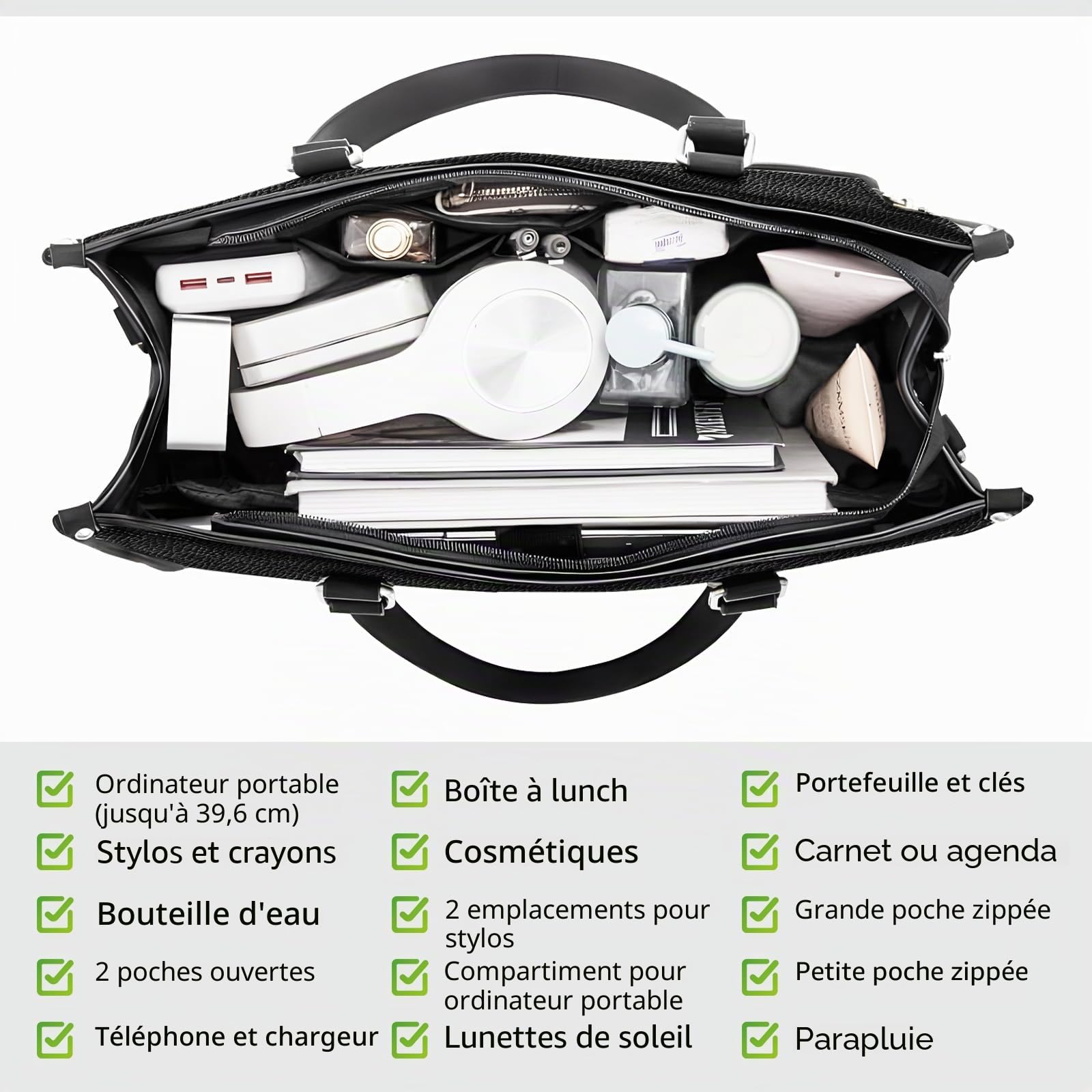 Sac Ordinateur Femme, Sac a Main Ordinateur 15,6 Pouces, Sacs Travail Femme, Sac a Main pour Les Cours Lycee, Lunch Bag Cuir PU avec Compartiment à Déjeuner Isotherme et Etanche pour Université Voyage