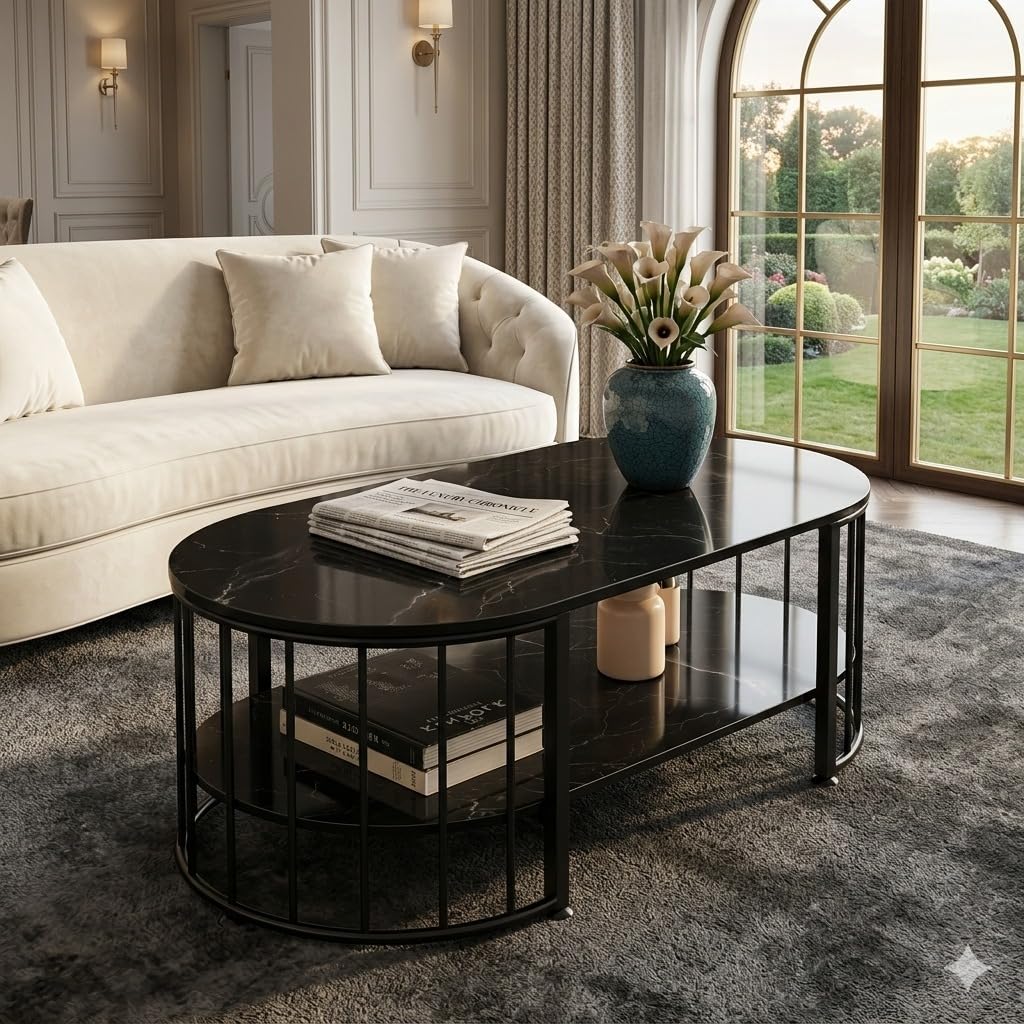 Modern 2-Tier Coffee Table with Engineered Wooden Top & Gold Metal Frame, Cocktail Sofa Table Living Room, Elegant Center Table – for Home, Office, Dining (Black & Black)-image-27