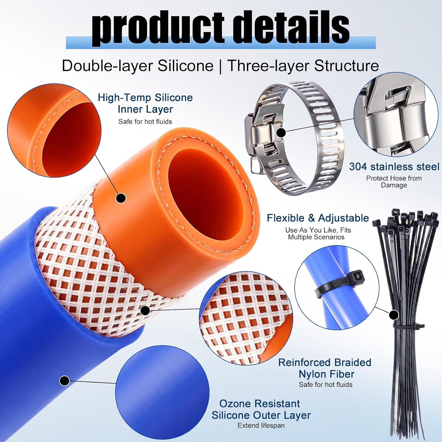 Outus 3/4" ID Silicone Heater Hose 25ft with Clamp Nylon Zip Ties, Coolant Radiator Hose Straight 85 Psi Pressure Reinforced High Temperature for Water Gas Transportation