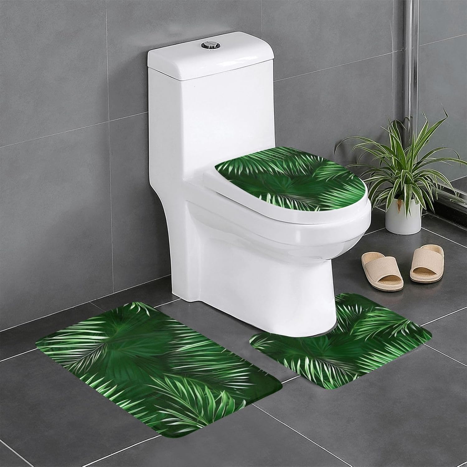 HUIKGIER Green Palm Leaves Tropical Plants Bathroom Rug Set 3 Piece
