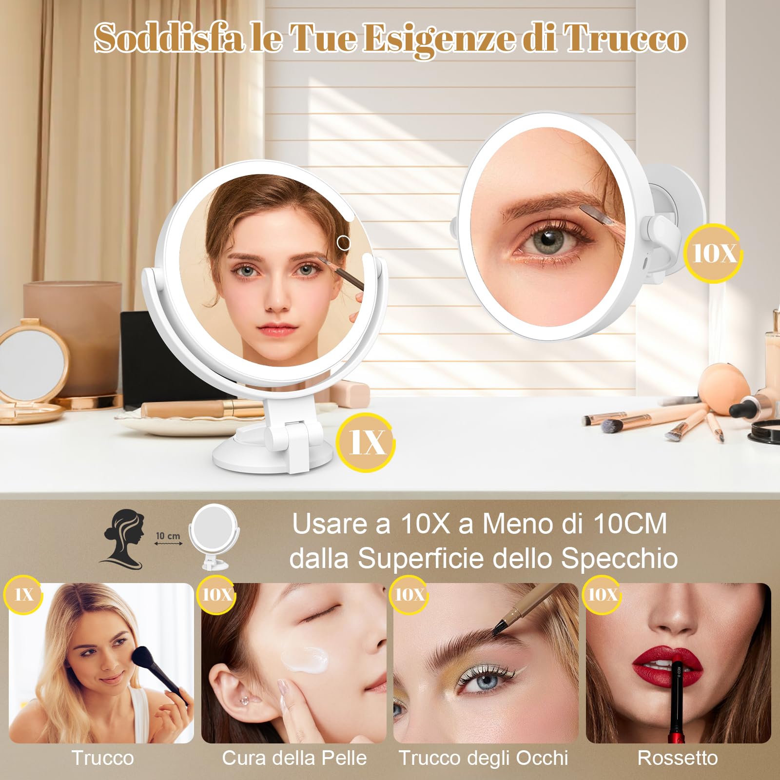 Robofun Specchio da trucco luminoso con ventosa potente, 10x ingrandimento luminoso, specchio d'ingrandimento a luce regolabile in intensità, altezza regolabile 25 cm