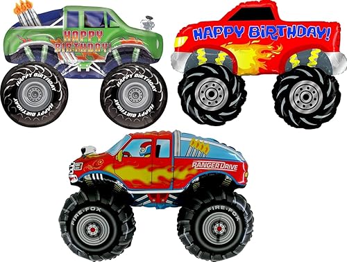 Monster Truck Rally Party Suministros cumpleaños globo ramo decoraciones 3 camiones