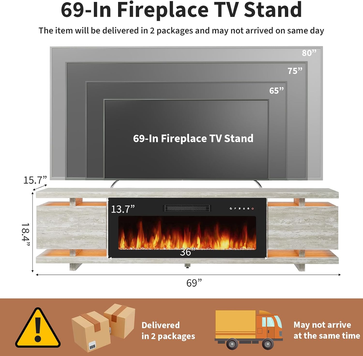 Rresyet Marble Textured Fireplace Stand with 36" Electric Fireplace, LED Entertainment Center, Hidden Gloss Storage Cabinet, Modern TV Stands for Living Room, Fits Screens Up to 80" Travertine