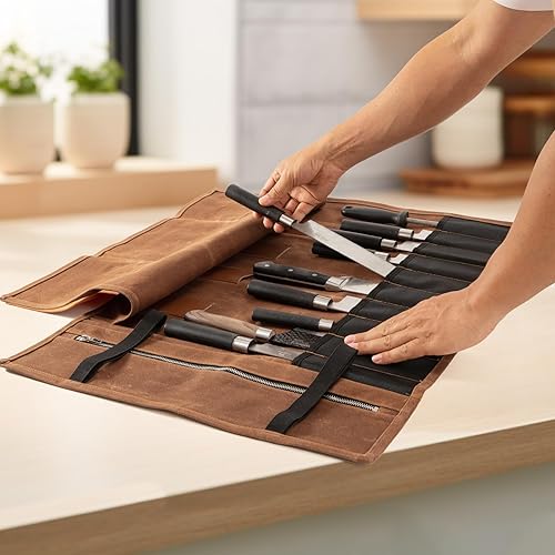 Miniatura 4 de Bolsa enrollable para cuchillos de chef, bolsa de lona encerada, portátil con 10 ranuras para cuchillos de chef con 1 bolsillo con cremallera, puede