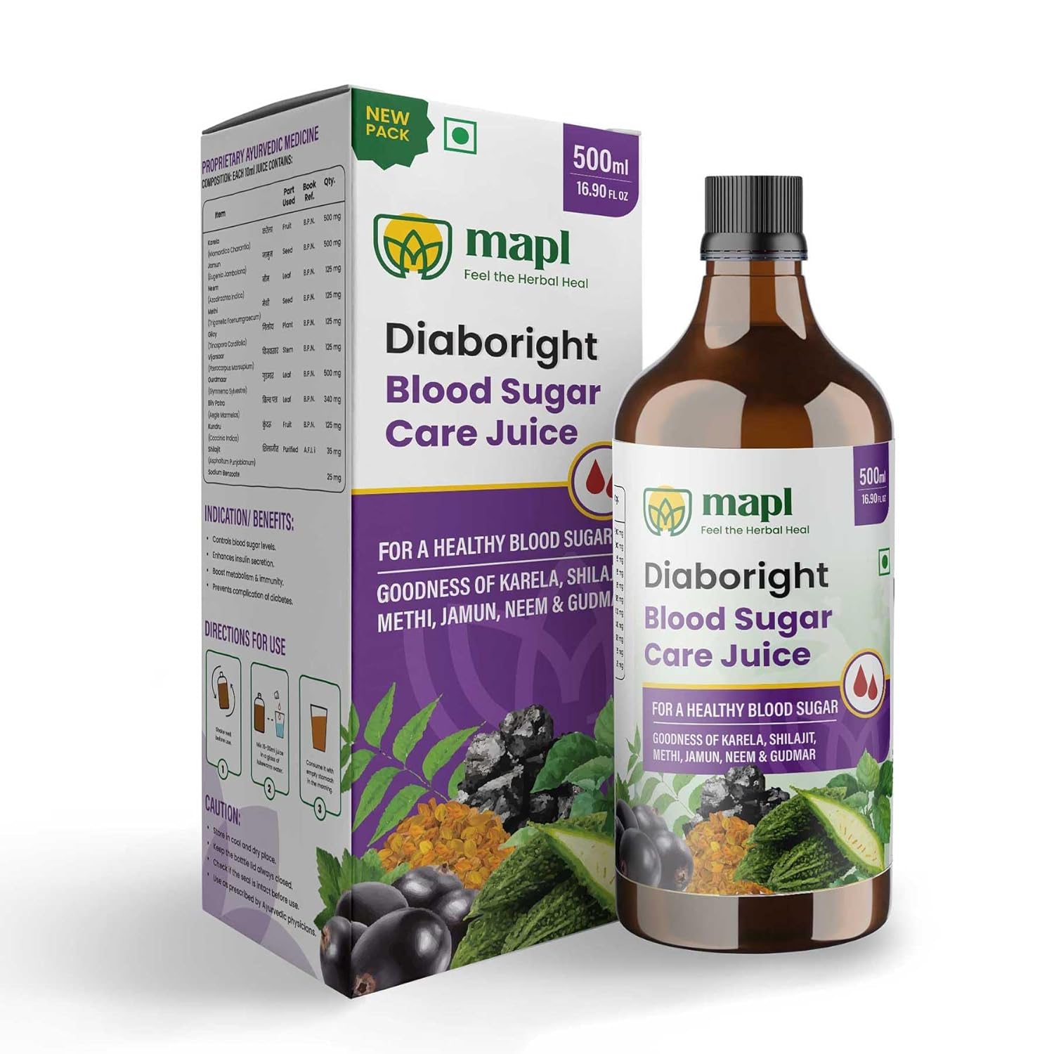 MAPL Diaboright Juice | 500ml | Ayurvedic Diabatic Care | Natural Juice with Neem, Giloy, Kerela, Methi, Jamun | Manage sugar levels