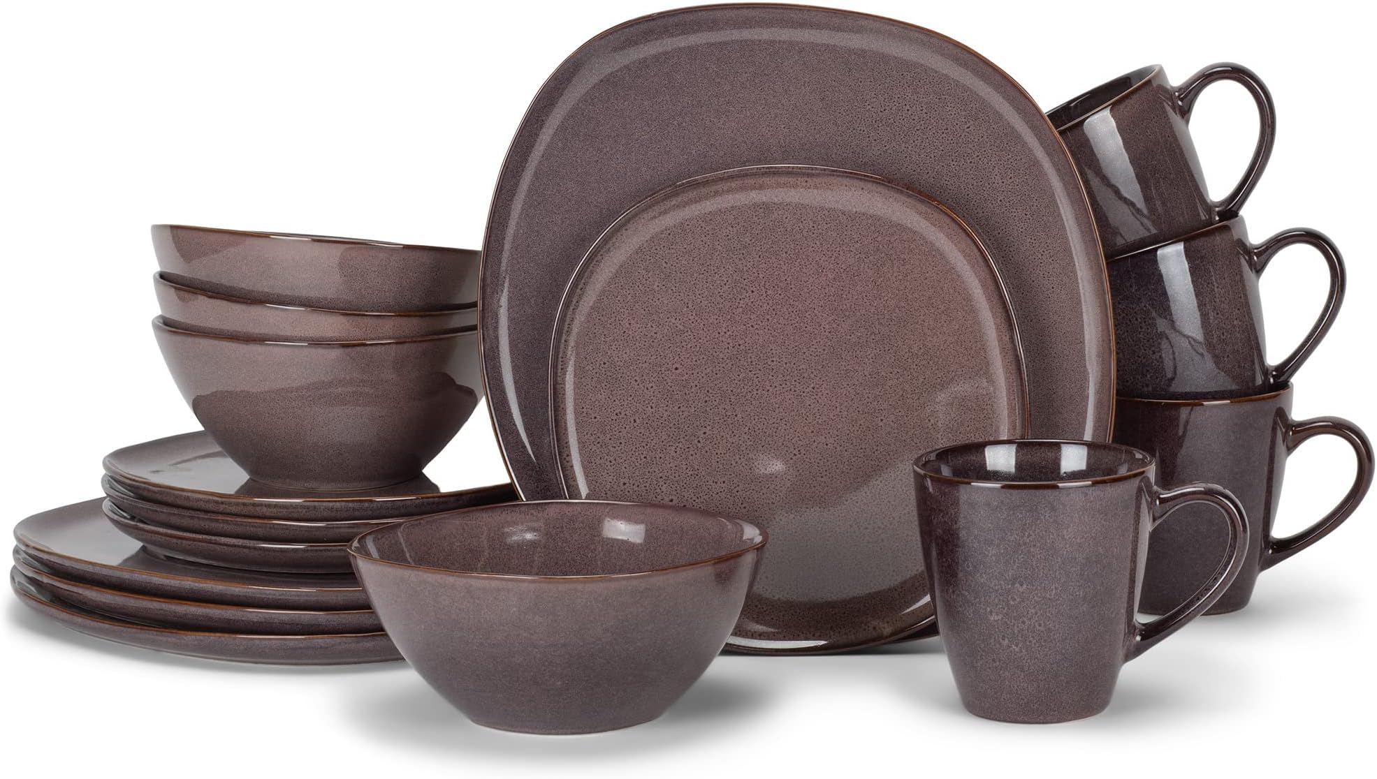 16-Piece Modern Luxury Chic Smooth Vintage Handmade Shape High Gloss Ceramic Stoneware Square Plate Mug & Bowl Kitchen Dinnerware 16 Piece Set - Service for 4, Plum Purple