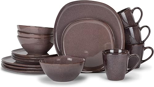 Elanze Designs Juego de 16 tazas y tazones de cerámica de cerámica de alto brillo, estilo vintage, hecho a mano, de 16 piezas, servicio para 4,