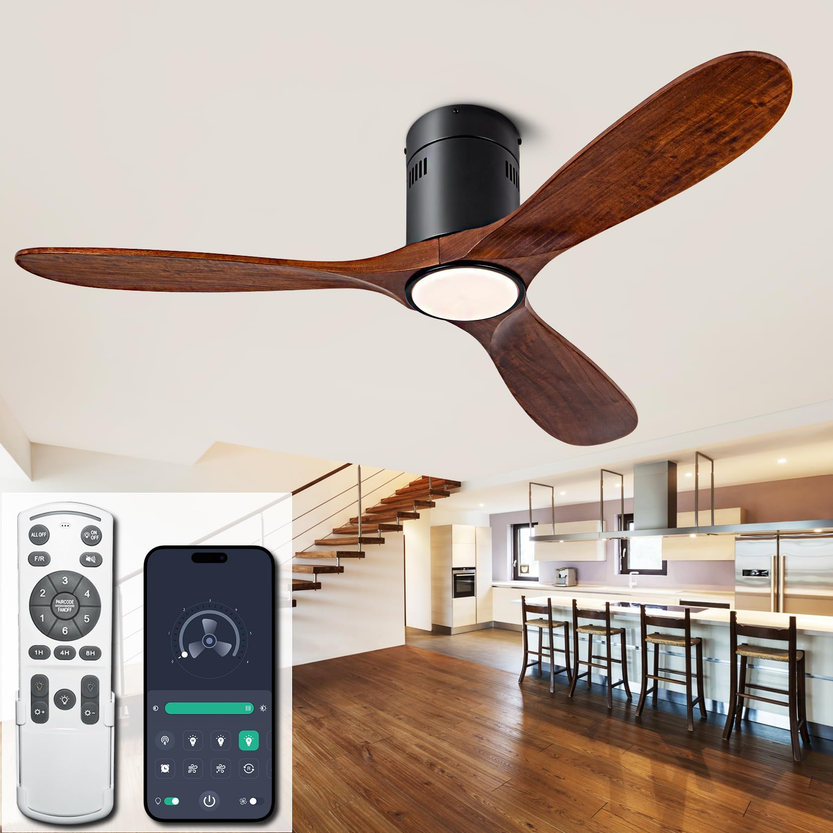 52” Ceiling Fan with Light with 6 Speed Remote/APP Control, Solid Wood Fan Blade, 3CCT Dimmable LED, Silent, Recessed Ceiling Fan for Bedroom, Hallway