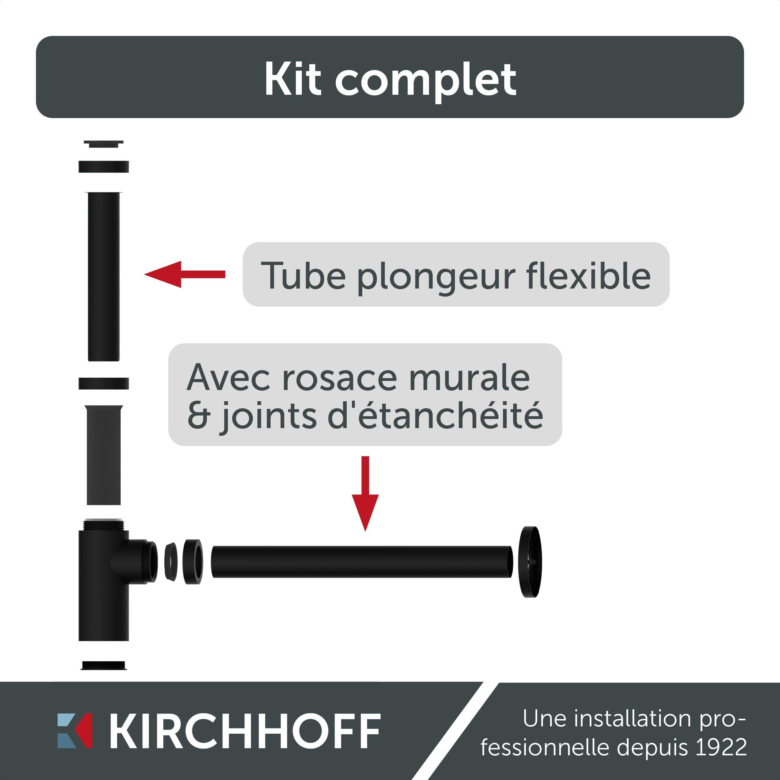 Kirchhoff Siphon design, siphon de lavabo de salle de bain en plastique non corrosif, siphon pour lavabo et lavabo, siphon anti-odeurs avec ouverture de nettoyage, 98803828, noir